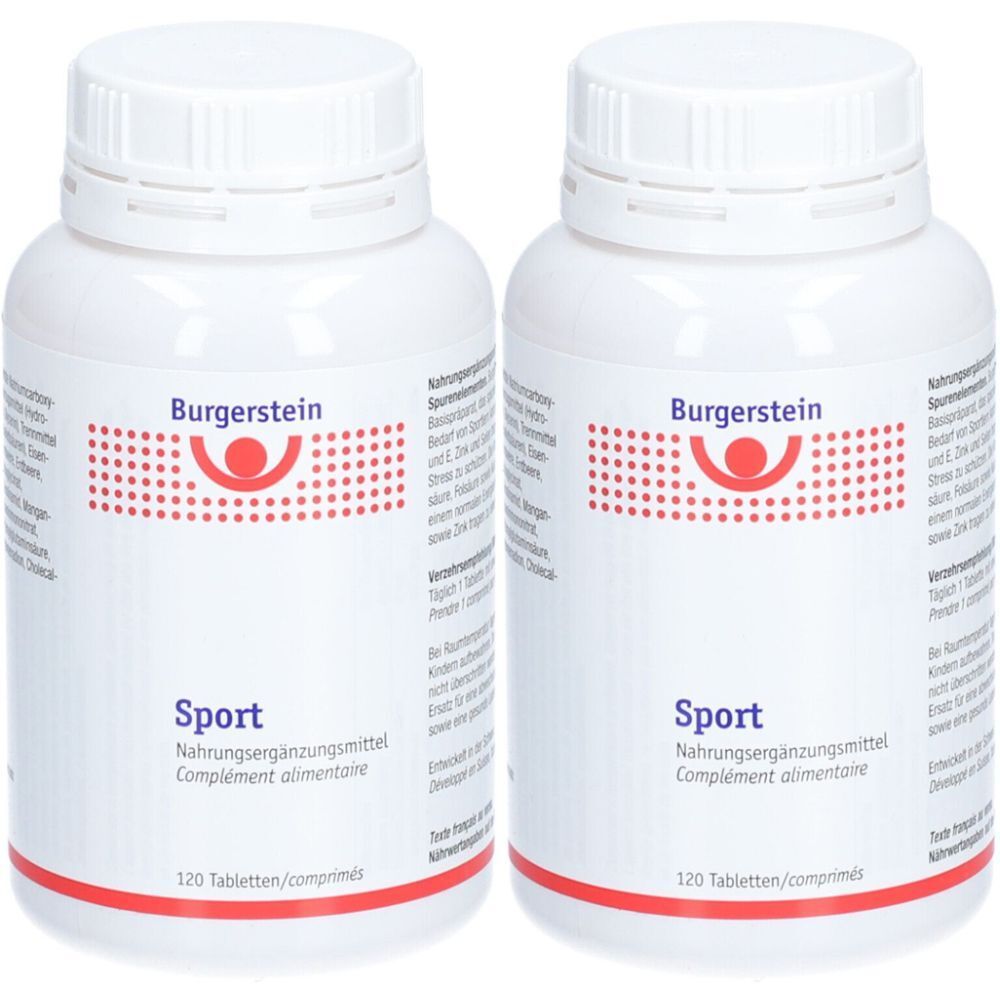 Zwei weiße Flaschen mit Schraubverschluss. Aufschrift Burgerstein, Sport, Nahrungsergänzungsmittel. 120 Tabletten.