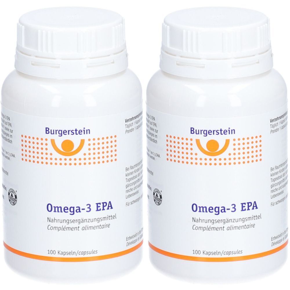 Zwei weiße Flaschen mit Schraubverschluss. Aufschrift: Burgerstein, Omega-3 EPA, Nahrungsergänzungsmittel, 100 Kapseln. Orangefarbenes Logo.