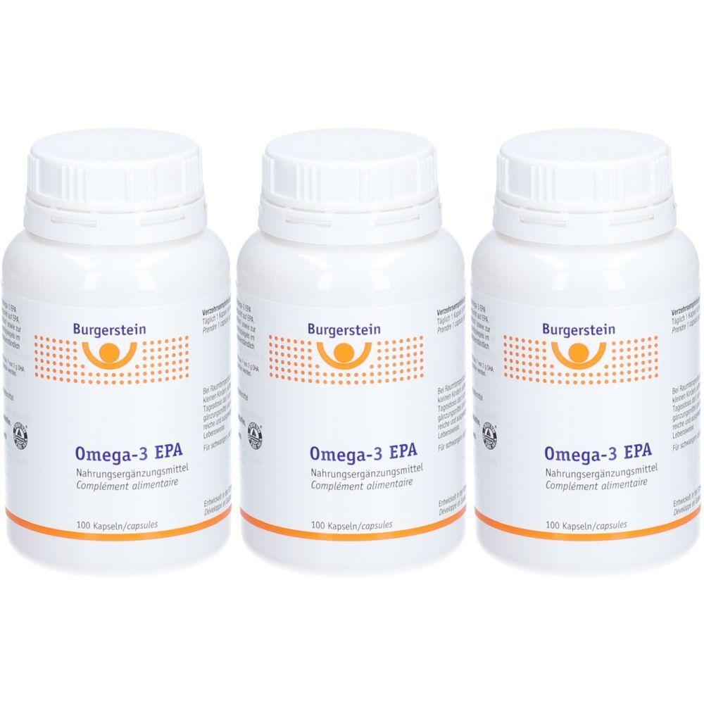 Drei weiße Flaschen mit Schraubverschluss. Auf jeder Flasche steht "Burgerstein Omega-3 EPA".