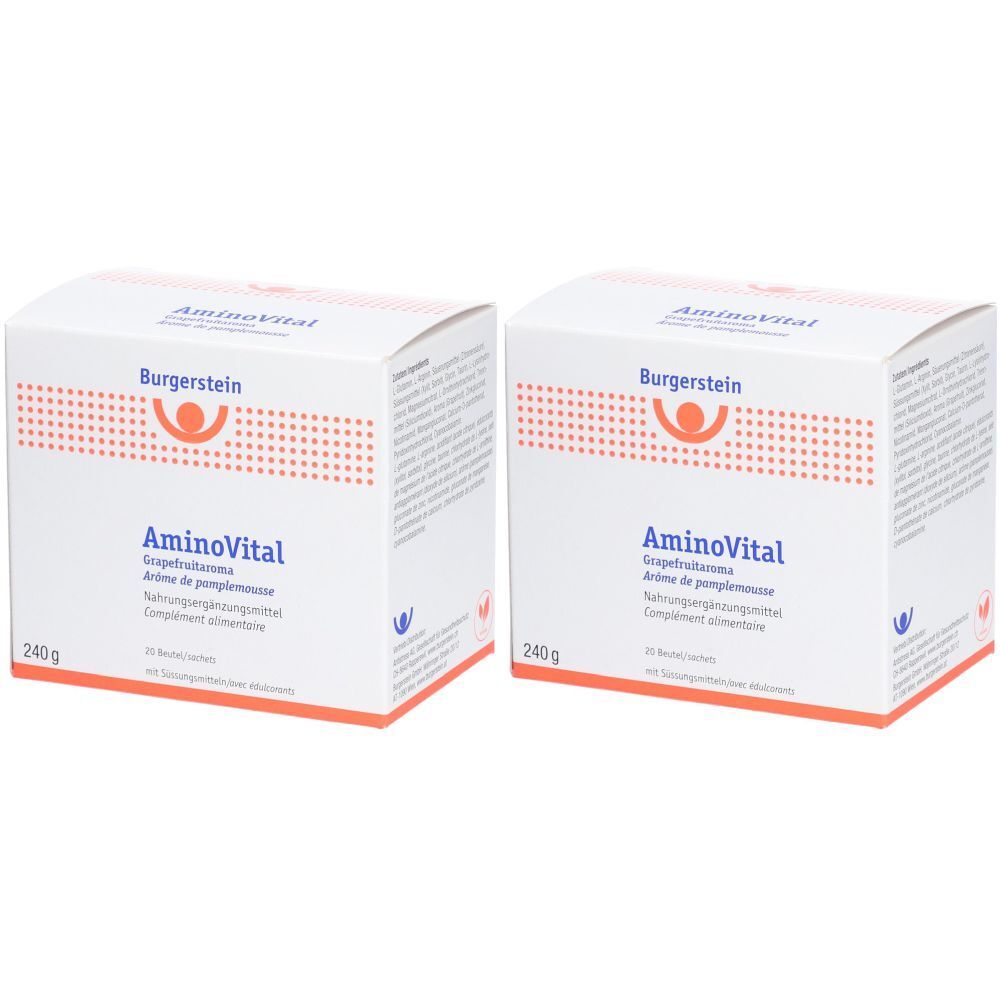 Deux boîtes blanches "Burgerstein AminoVital". Inscriptions en allemand et français. Contenu: 240g.