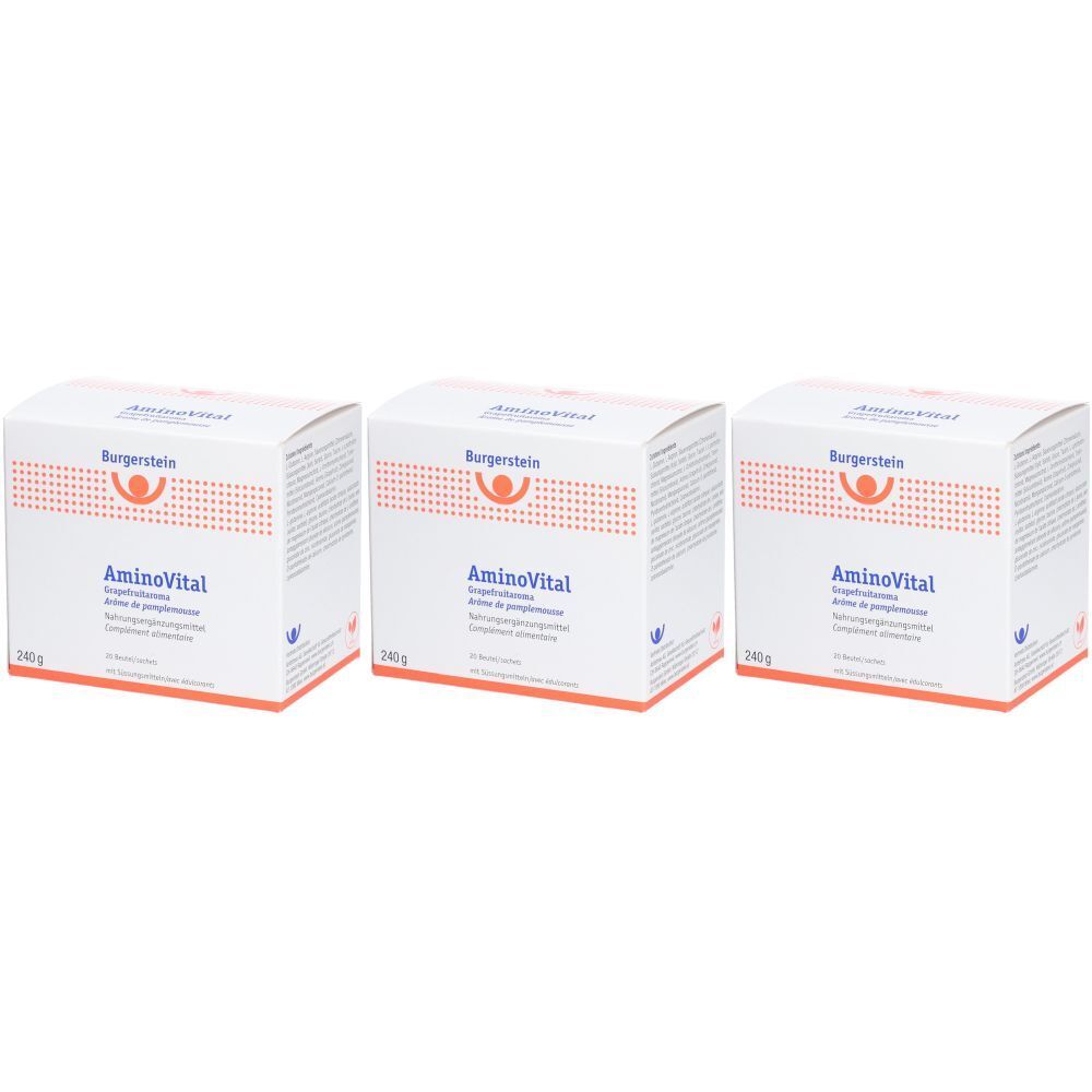 Trois boîtes blanches avec "Burgerstein AminoVital". Chaque boîte indique "240g".