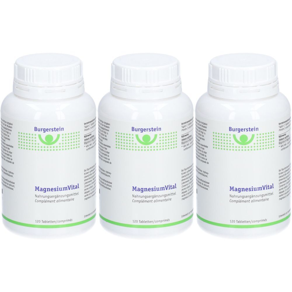 Drei weiße Flaschen mit Schraubverschluss. Auf jeder Flasche steht "Burgerstein", "MagnesiumVital" und "120 Tabletten".