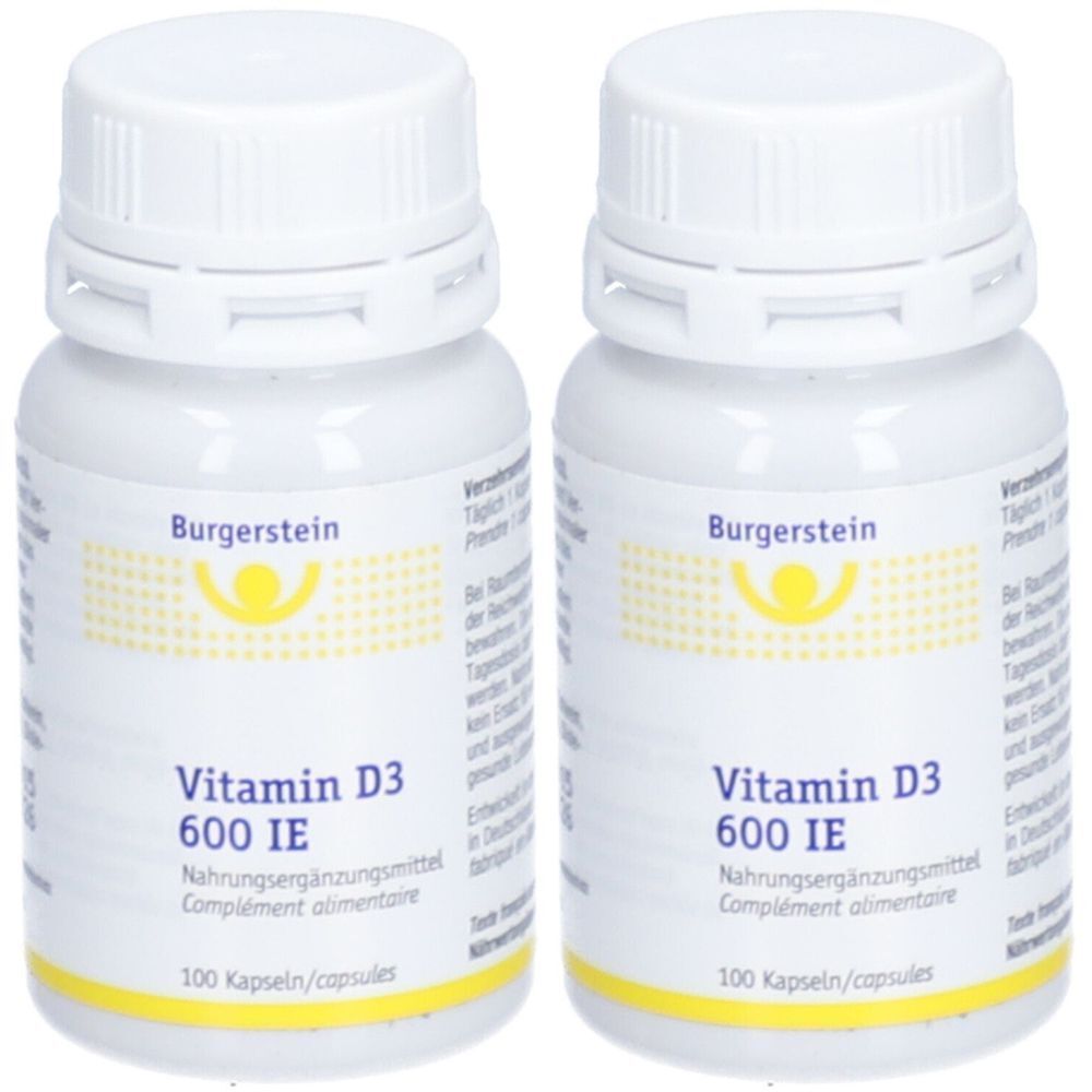 Zwei weiße Flaschen mit Schraubverschluss. Aufschrift: Burgerstein Vitamin D3 600 IE, Nahrungsergänzungsmittel. 100 Kapseln.