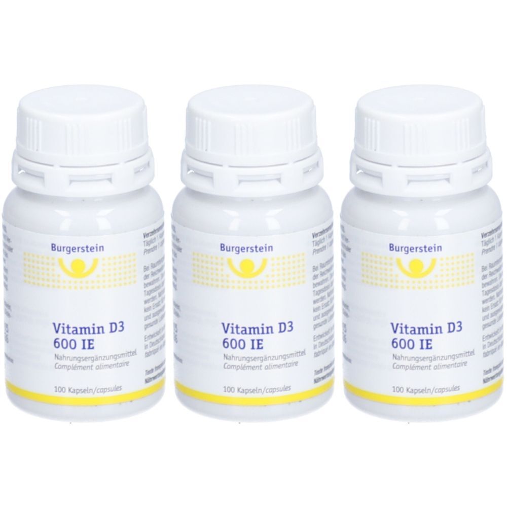 Drei weiße Flaschen mit Schraubverschluss. Auf jeder Flasche steht "Burgerstein Vitamin D3 600 IE".