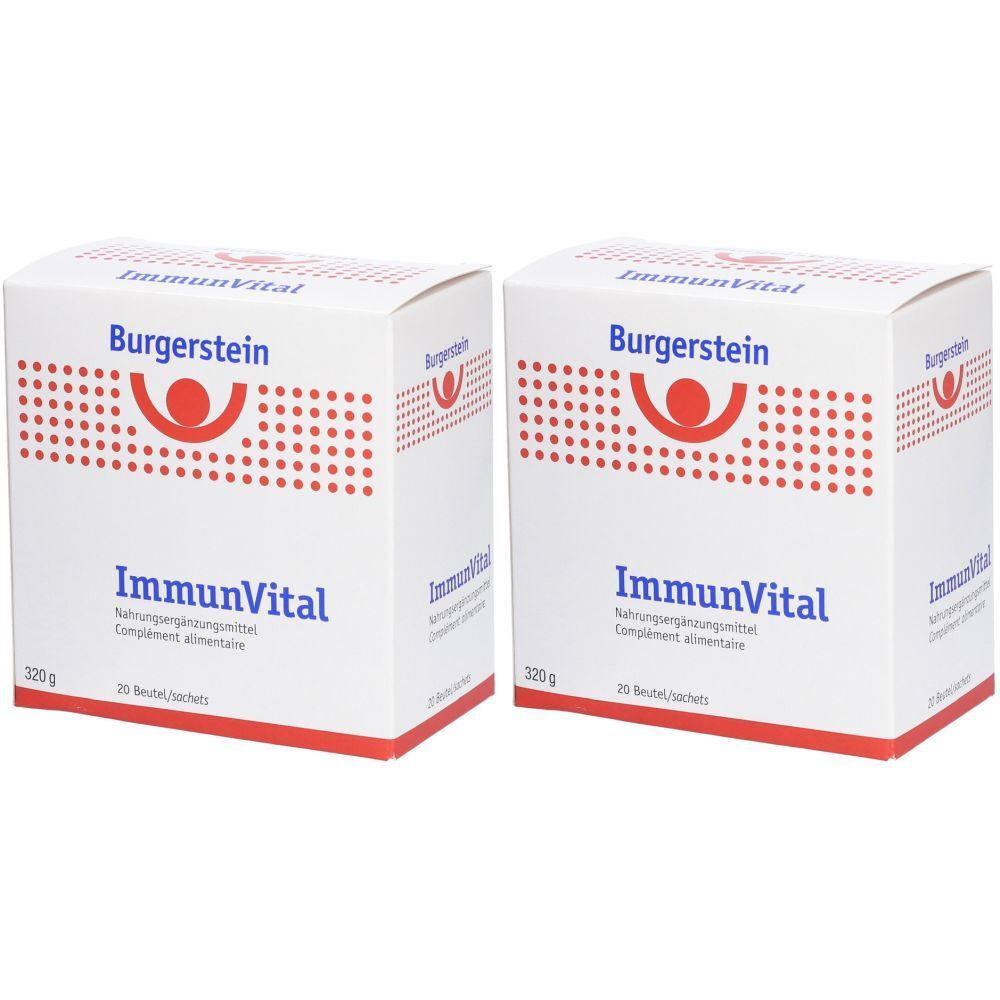 Zwei weiße Kartons mit "Burgerstein ImmunVital"-Aufdruck. Roter Logo-Kreis, rote Punkte. Text in Deutsch und Französisch. 320g, 28 Beutel.