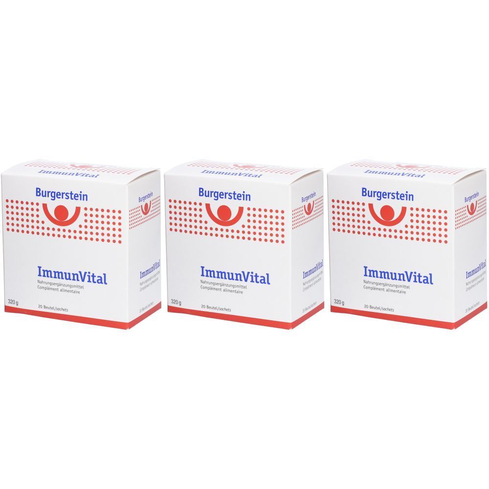 Drei weiße Kartons mit roter und blauer Schrift. Aufgedruckt sind die Logos von Burgerstein und der Produktname ImmunVital.