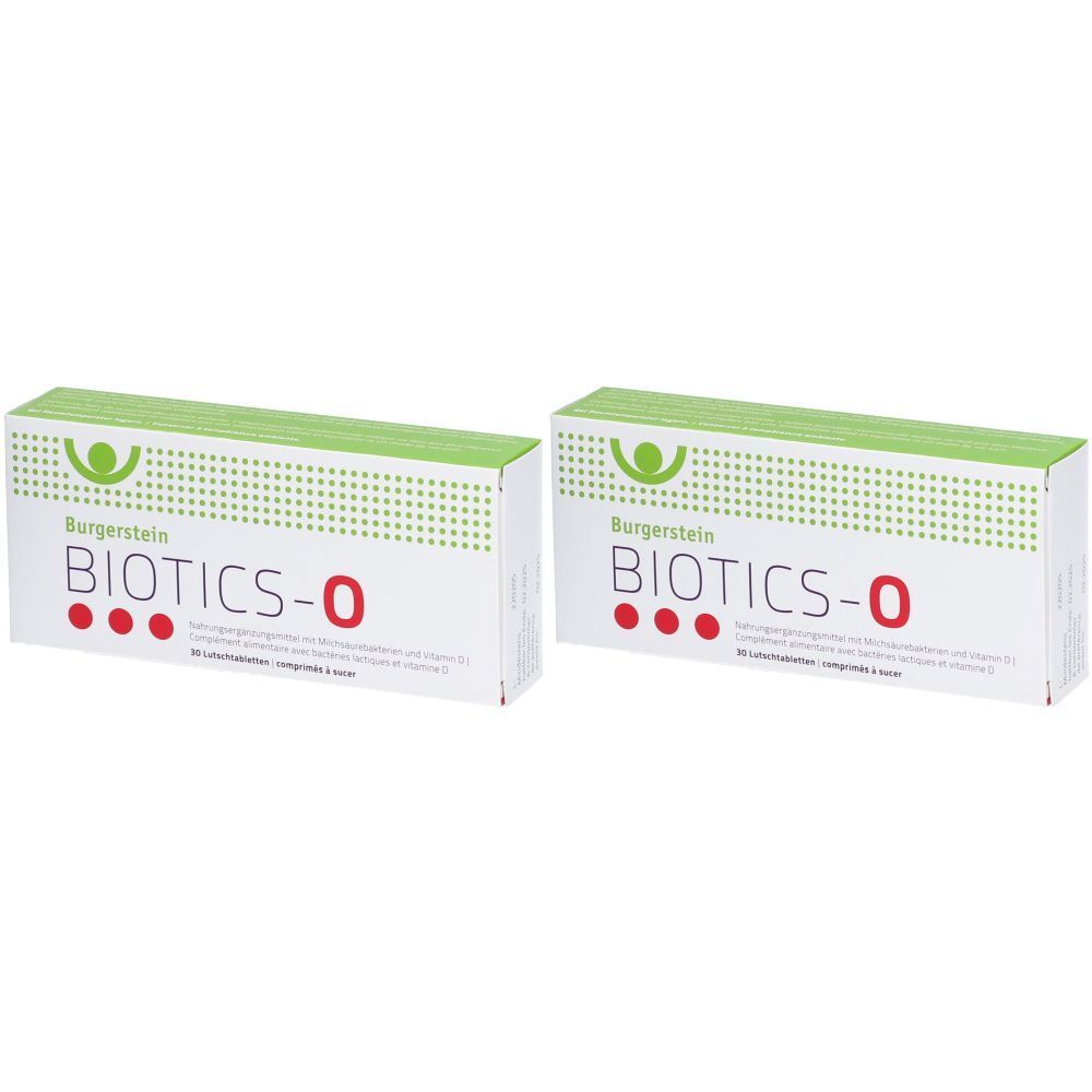 Zwei weiße Schachteln mit grüner Oberseite. Aufschrift "Burgerstein BIOTICS-O" mit roten Punkten. Text darunter.
