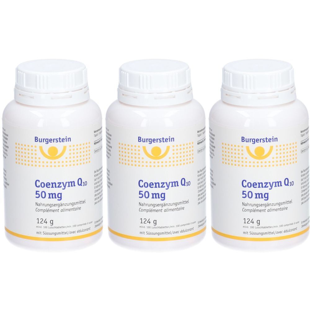 Drei weiße Flaschen mit Schraubverschluss. Auf jeder Flasche steht "Burgerstein Coenzym Q10 50 mg" und "124 g".