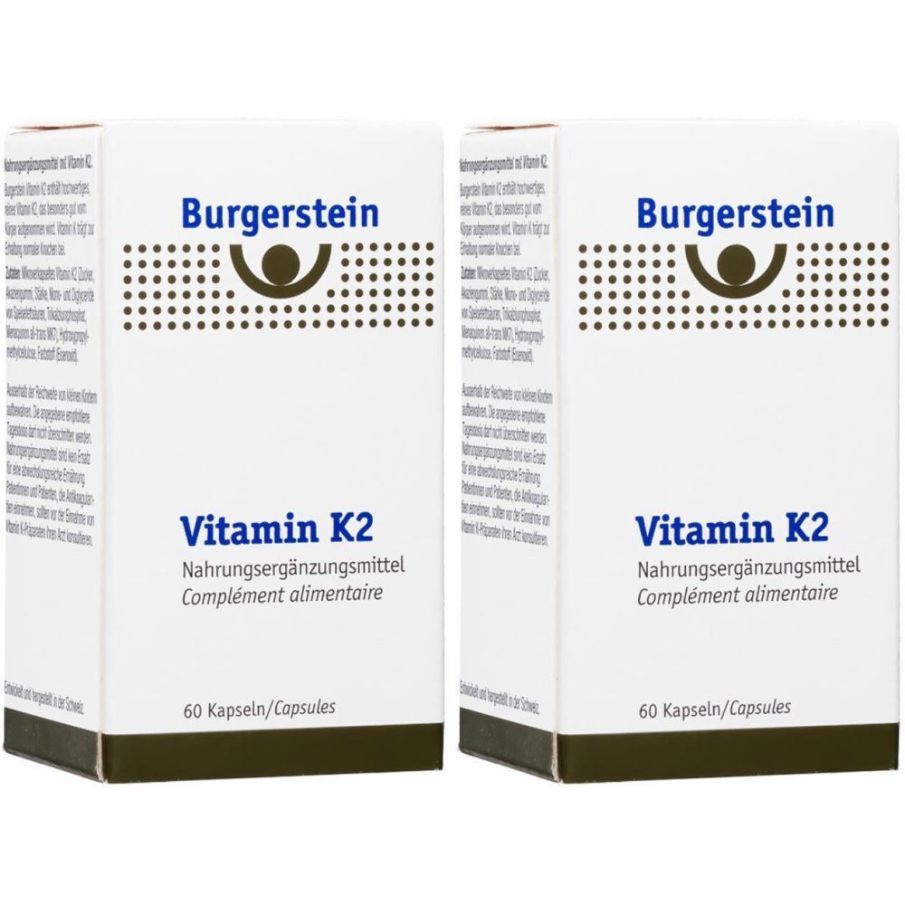 Zwei weiße Schachteln mit Burgerstein Vitamin K2. Aufschrift: Nahrungsergänzungsmittel, 60 Kapseln.