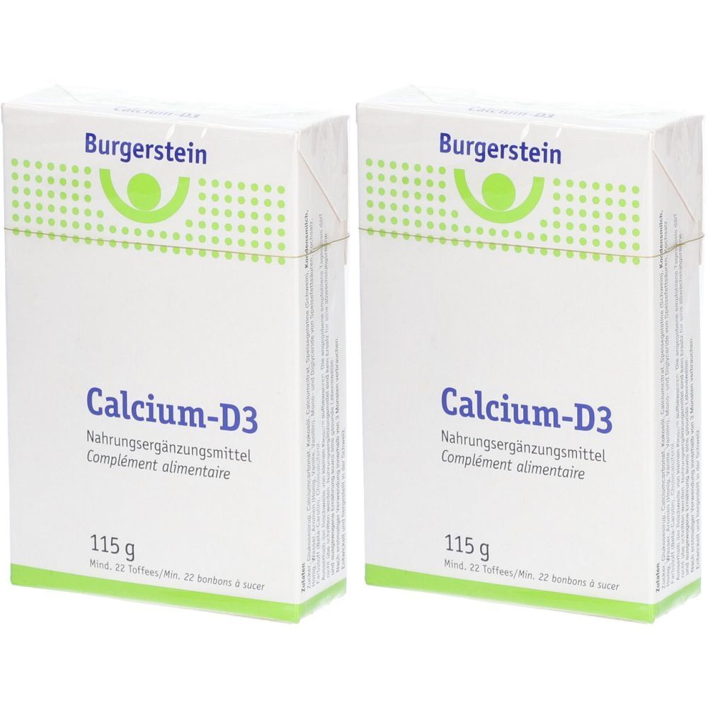 Zwei weiße Schachteln mit der Aufschrift "Burgerstein Calcium-D3". Auf jeder Schachtel steht "Nahrungsergänzungsmittel" und "115 g".
