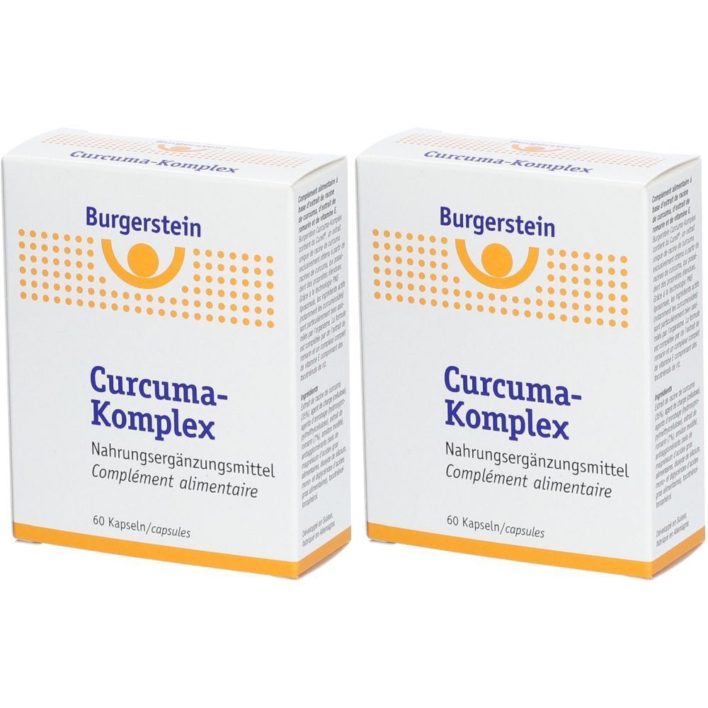 Zwei weiße Kartons mit "Burgerstein Curcuma-Komplex". Aufschrift: Nahrungsergänzungsmittel, 60 Kapseln. Gelbes Logo.