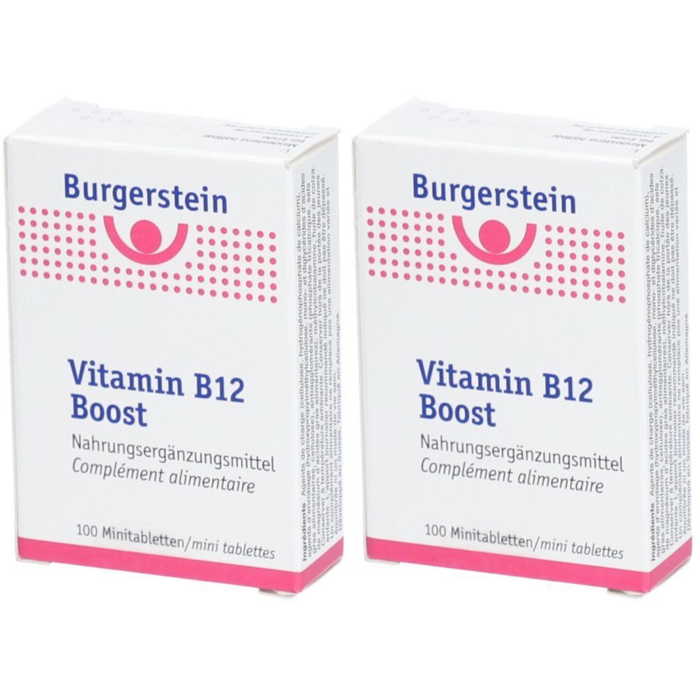 Zwei weiße Schachteln mit "Burgerstein Vitamin B12 Boost". Text: Nahrungsergänzungsmittel, 100 Minitabletten.