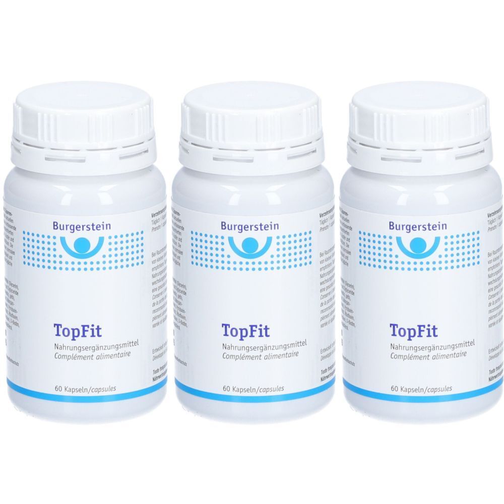 Drei weiße Flaschen mit Schraubverschluss. Auf jeder Flasche steht "Burgerstein TopFit". Darunter steht "Nahrungsergänzungsmittel".
