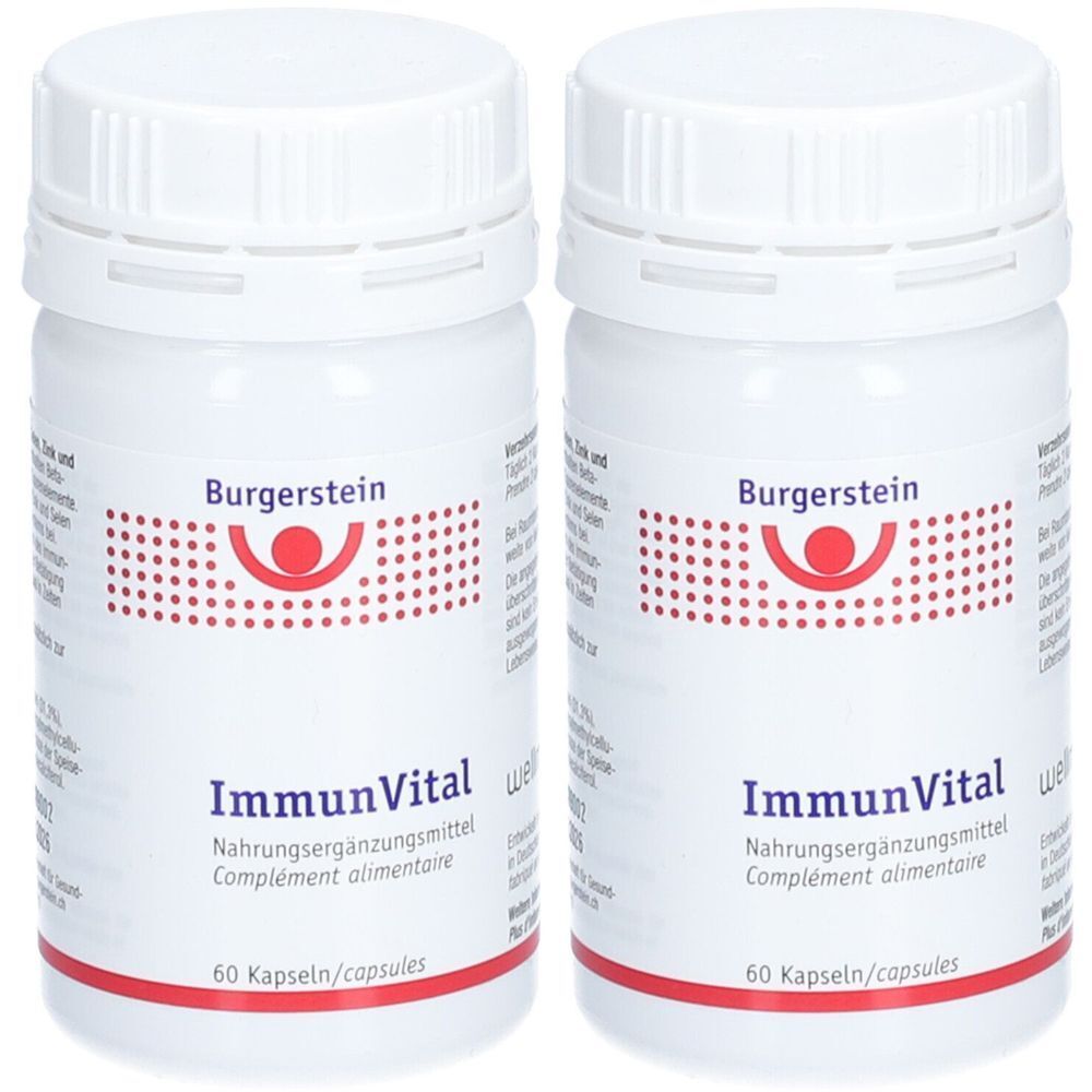 Zwei weiße Flaschen mit Schraubverschluss. Aufschrift: Burgerstein, ImmunVital, Nahrungsergänzungsmittel. 60 Kapseln.