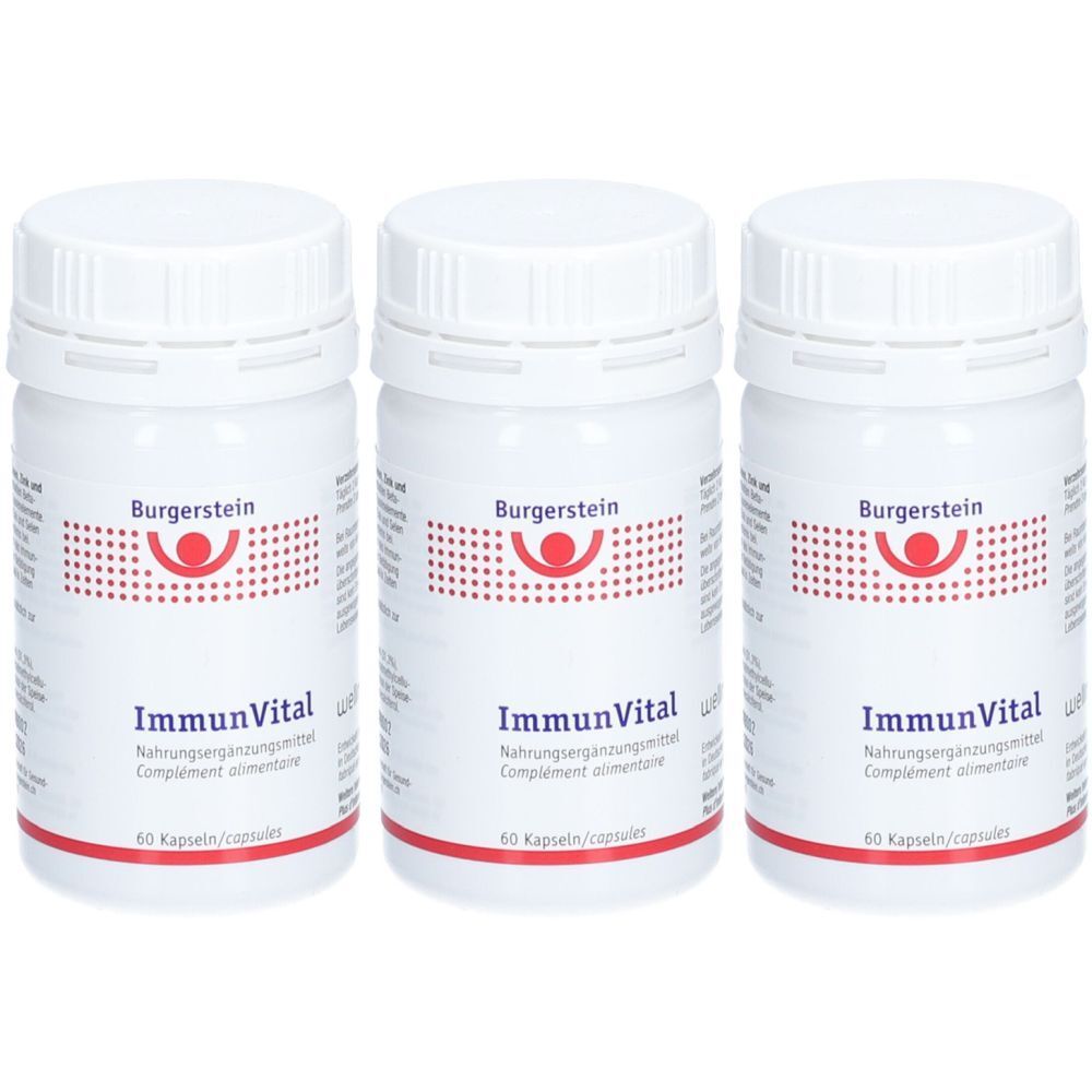 Trois flacons blancs avec bouchons à vis. Chaque flacon porte l'inscription "Burgerstein ImmunVital" et "60 capsules".