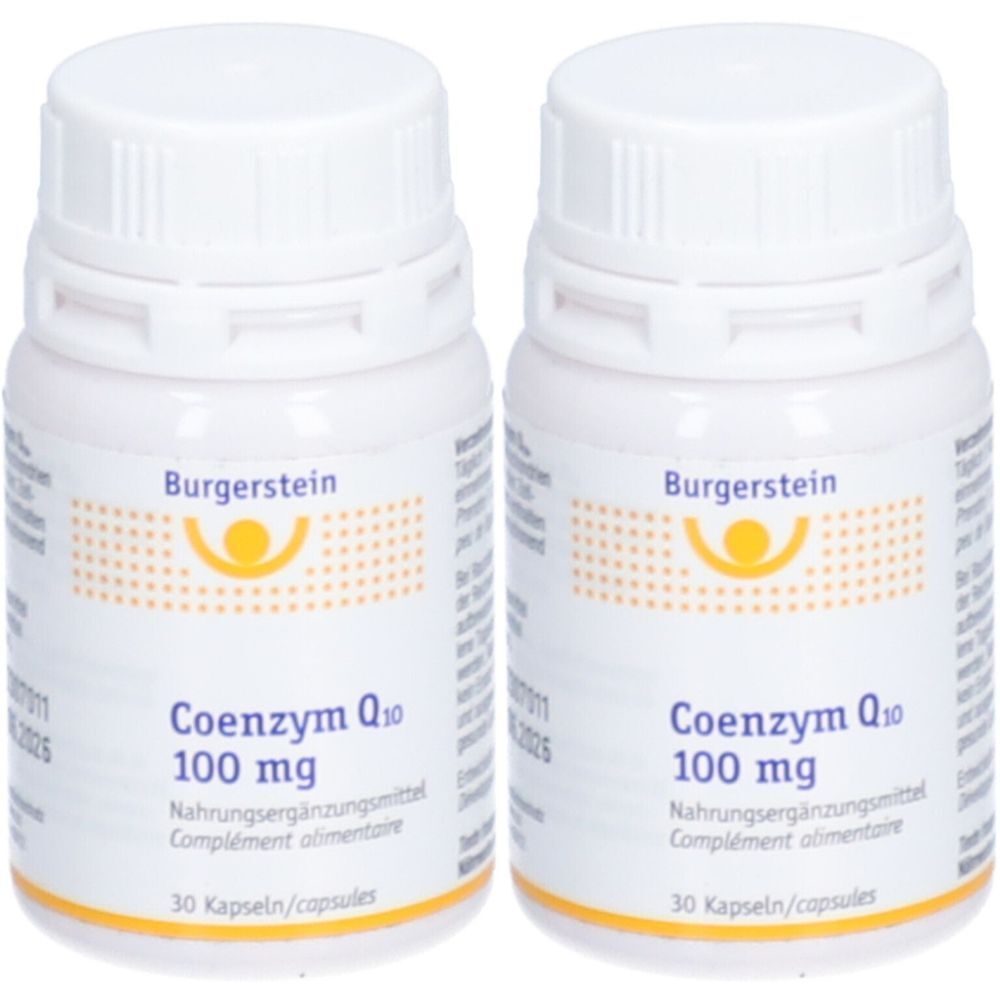 Zwei weiße Flaschen mit Burgerstein-Etikett. Aufschrift: Coenzym Q10 100 mg, Nahrungsergänzungsmittel. 30 Kapseln.