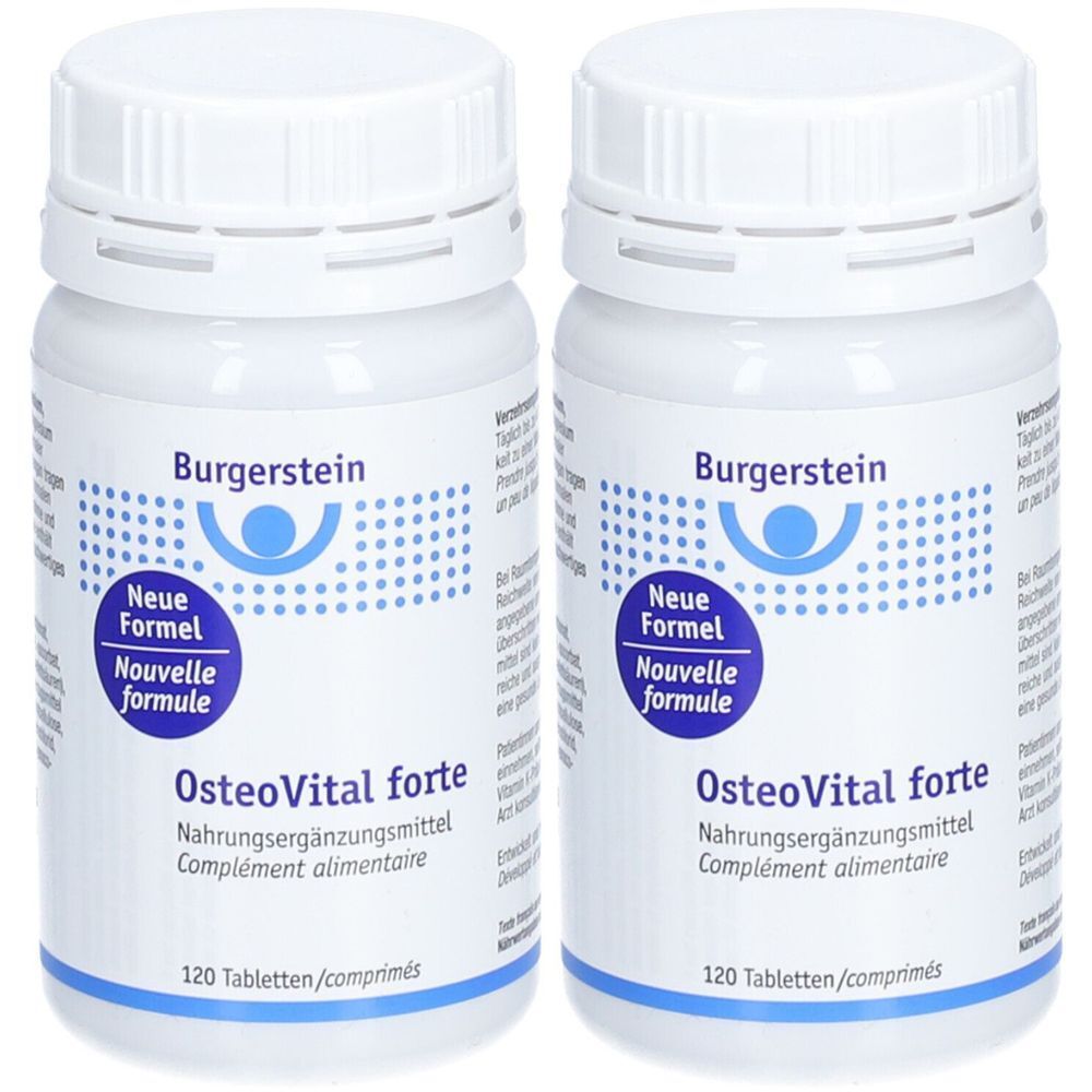 Zwei weiße Flaschen mit Schraubverschluss. Auf jeder Flasche steht "Burgerstein OsteoVital forte". Enthält 120 Tabletten.