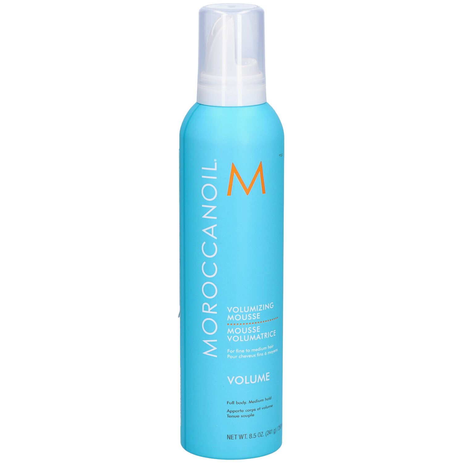 Türkisblaue Dose mit weißem Sprühkopf. Orangefarbenes 'M' und Schriftzug 'MOROCCANOIL'. Text: 'VOLUMIZING MOUSSE'.