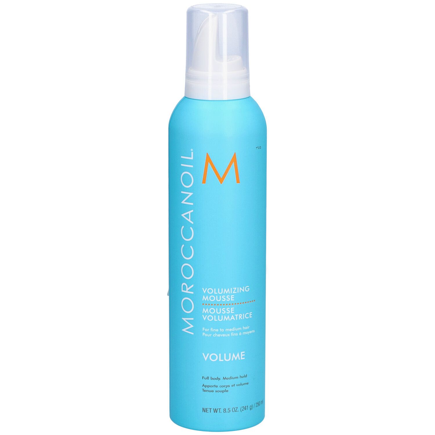 Türkisblaue Dose mit weißem Sprühkopf. Orangefarbenes 'M' und Schriftzug 'MOROCCANOIL'. Text: 'VOLUMIZING MOUSSE'.