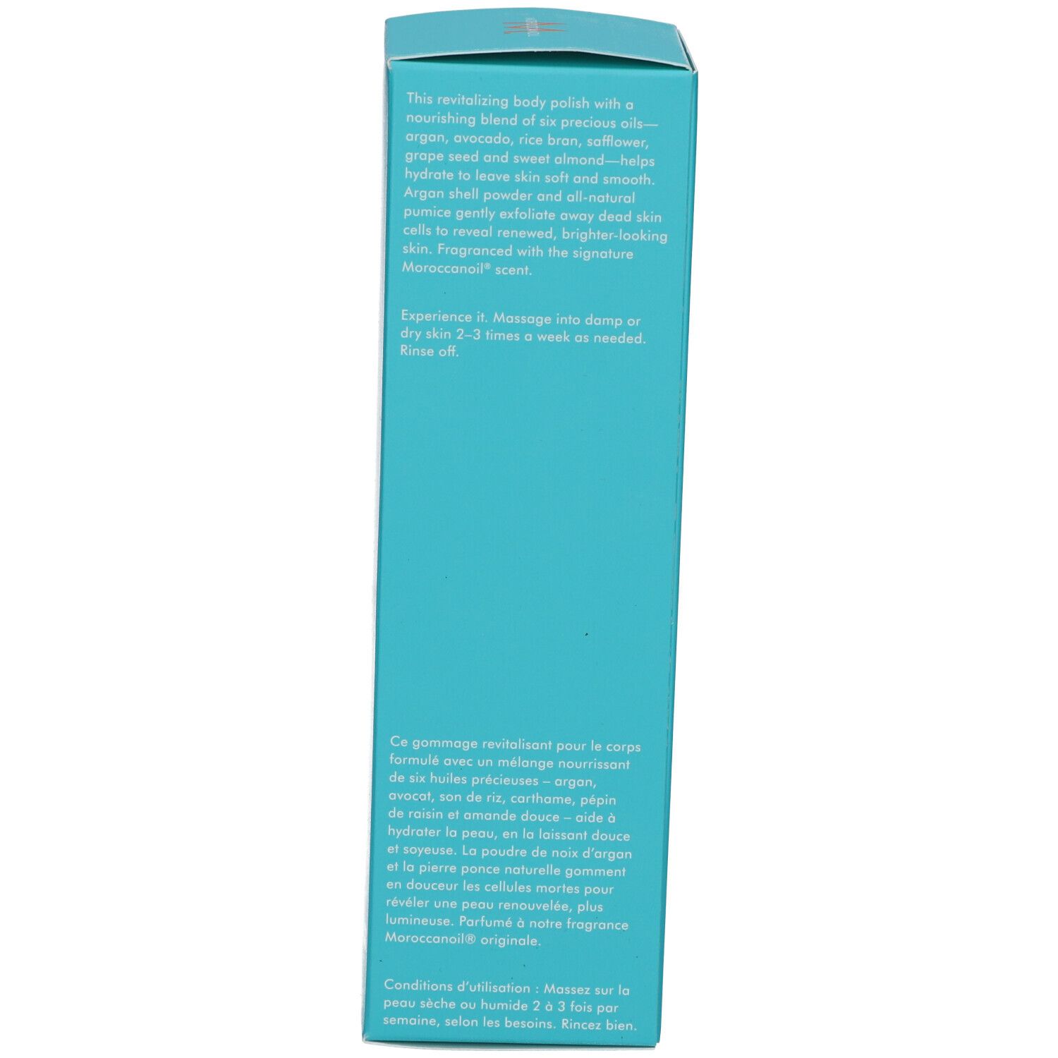 Côté de la boîte turquoise. Description du produit en plusieurs langues. Instructions d'utilisation.