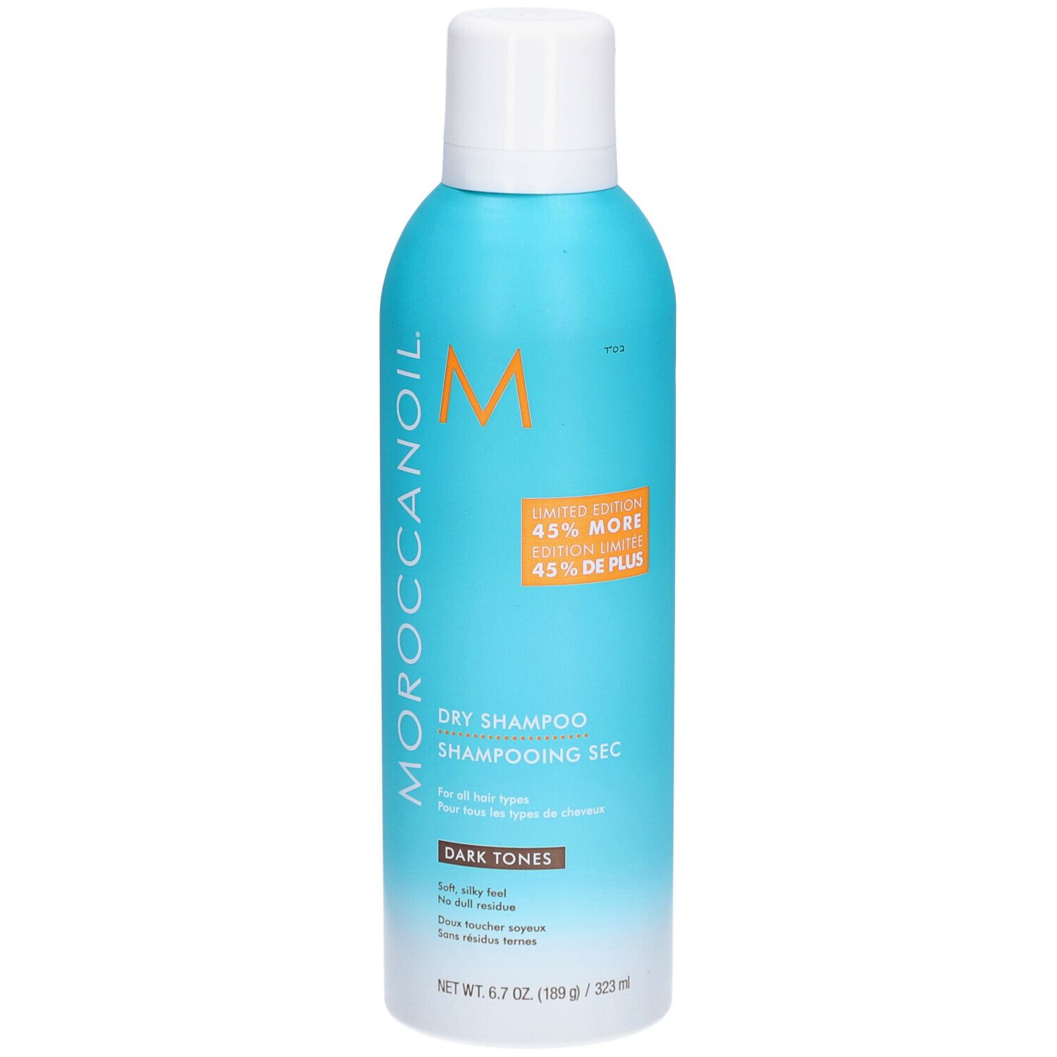 Flacon spray bleu turquoise avec bouchon blanc. Inscription : MOROCCANOIL, Dry Shampoo, Dark Tones. Édition limitée : 45 % de plus.