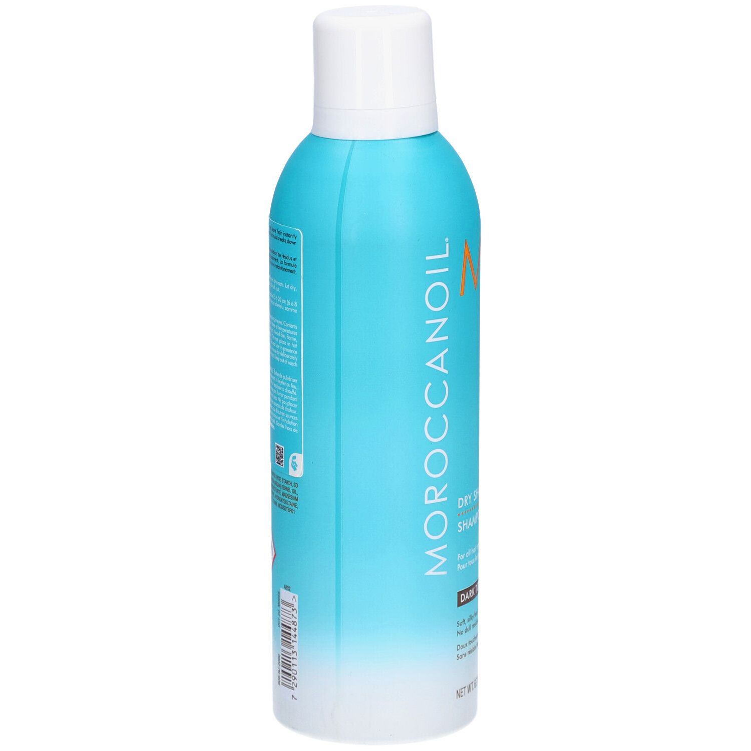 Flacon spray bleu turquoise avec bouchon blanc. Inscription : MOROCCANOIL, Dry Shampoo. Côté avec informations produit et ingrédients.