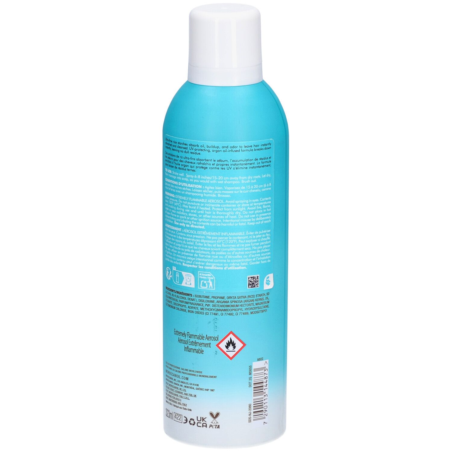 Dos d'un flacon spray turquoise avec bouchon blanc. Informations sur le produit, ingrédients et avertissements.