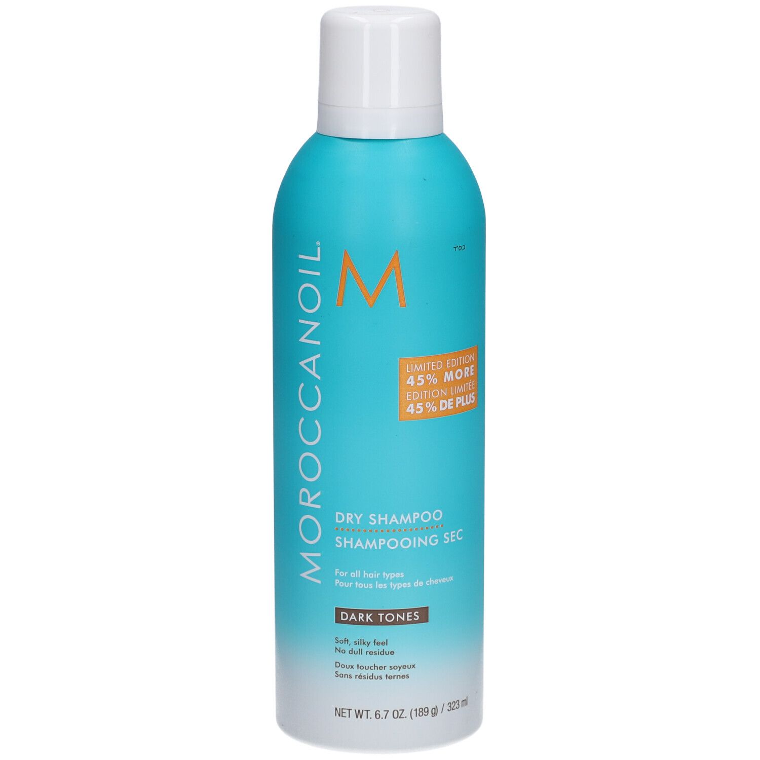 Flacon spray bleu turquoise avec bouchon blanc. Inscription : MOROCCANOIL, Dry Shampoo, Dark Tones. Édition limitée : 45 % de plus.