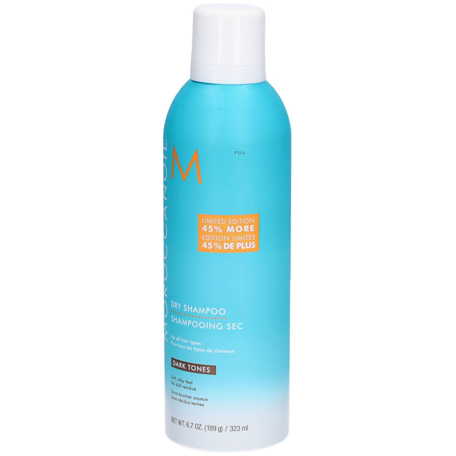 Flacon spray bleu turquoise avec bouchon blanc. Inscription : MOROCCANOIL, Dry Shampoo, Dark Tones. Édition limitée : 45 % de plus.