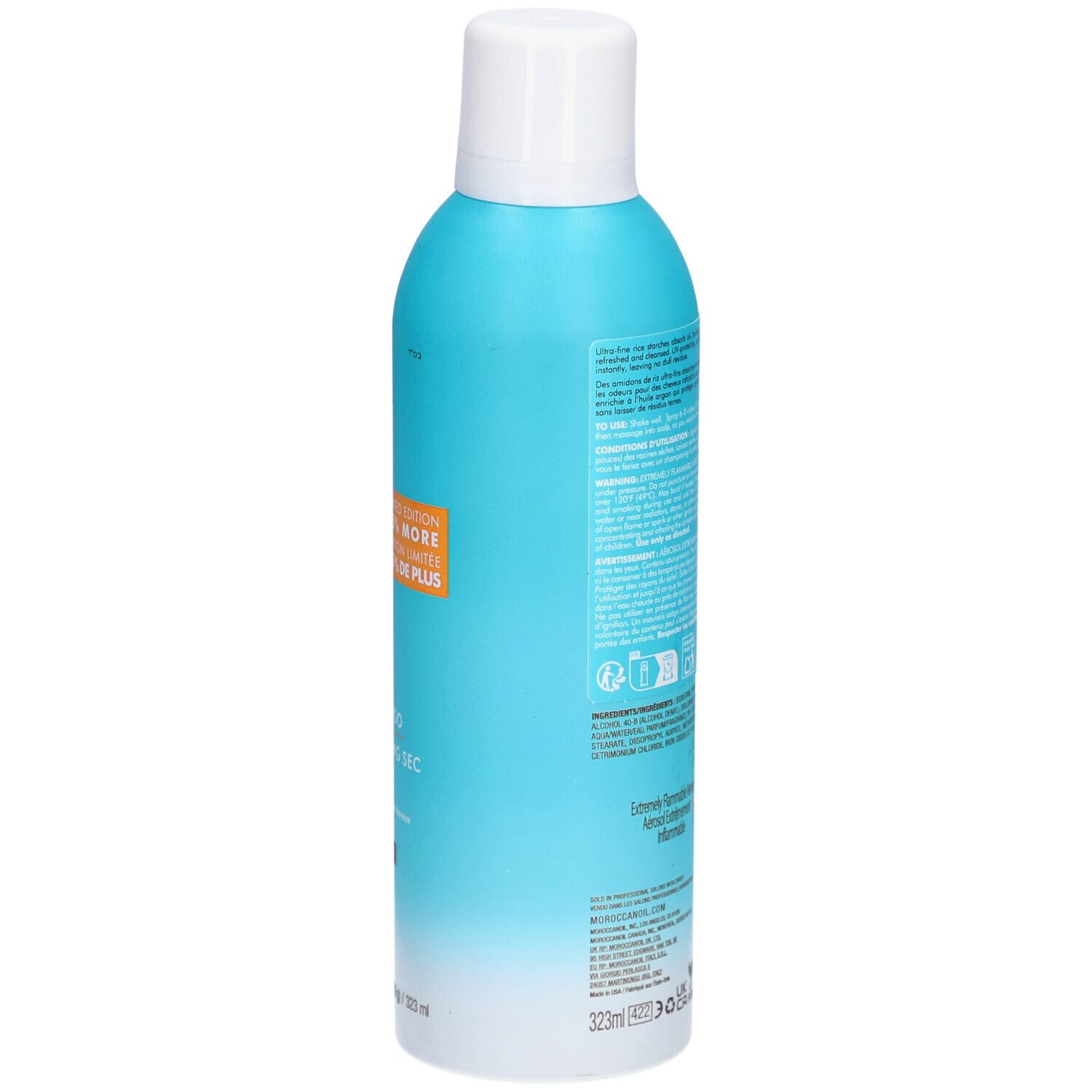 Dos d'un flacon spray turquoise avec bouchon blanc. Informations sur le produit, ingrédients et avertissements.