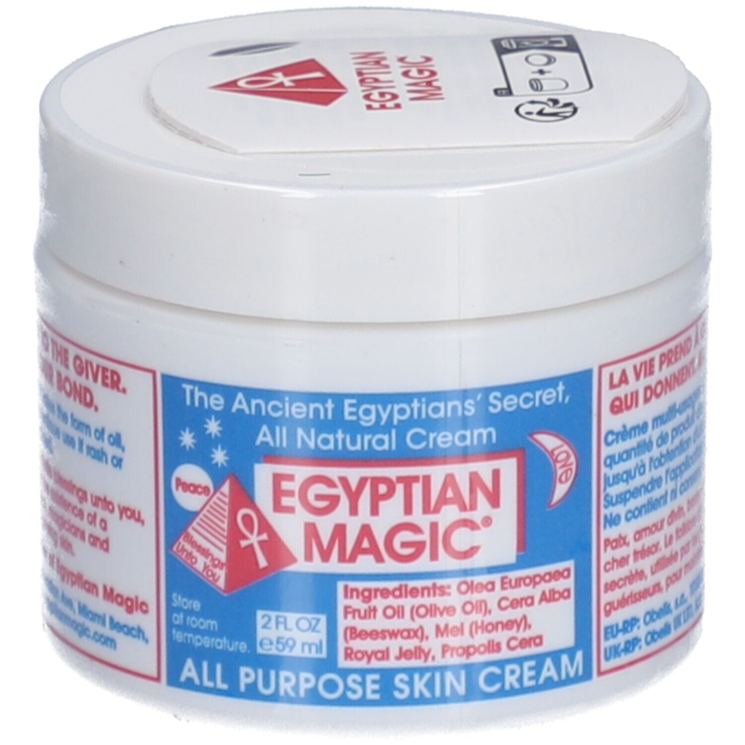 Weißer Tiegel mit blauem Etikett. Aufschrift: Egyptian Magic, All Purpose Skin Cream. Deckel mit Aufkleber.