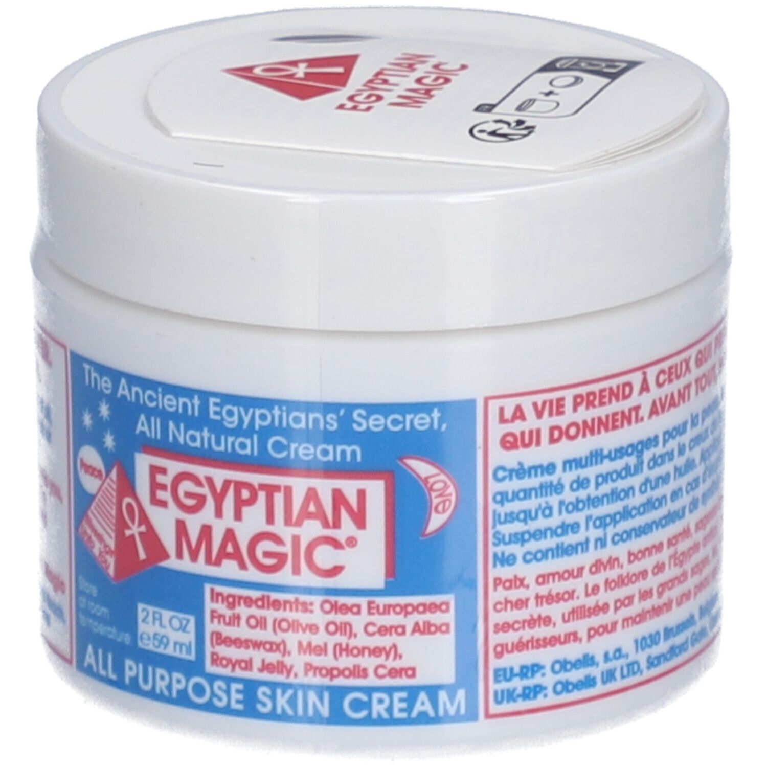 Weißer Tiegel mit blauem Etikett. Aufschrift: Egyptian Magic, All Purpose Skin Cream. Deckel mit Aufkleber.