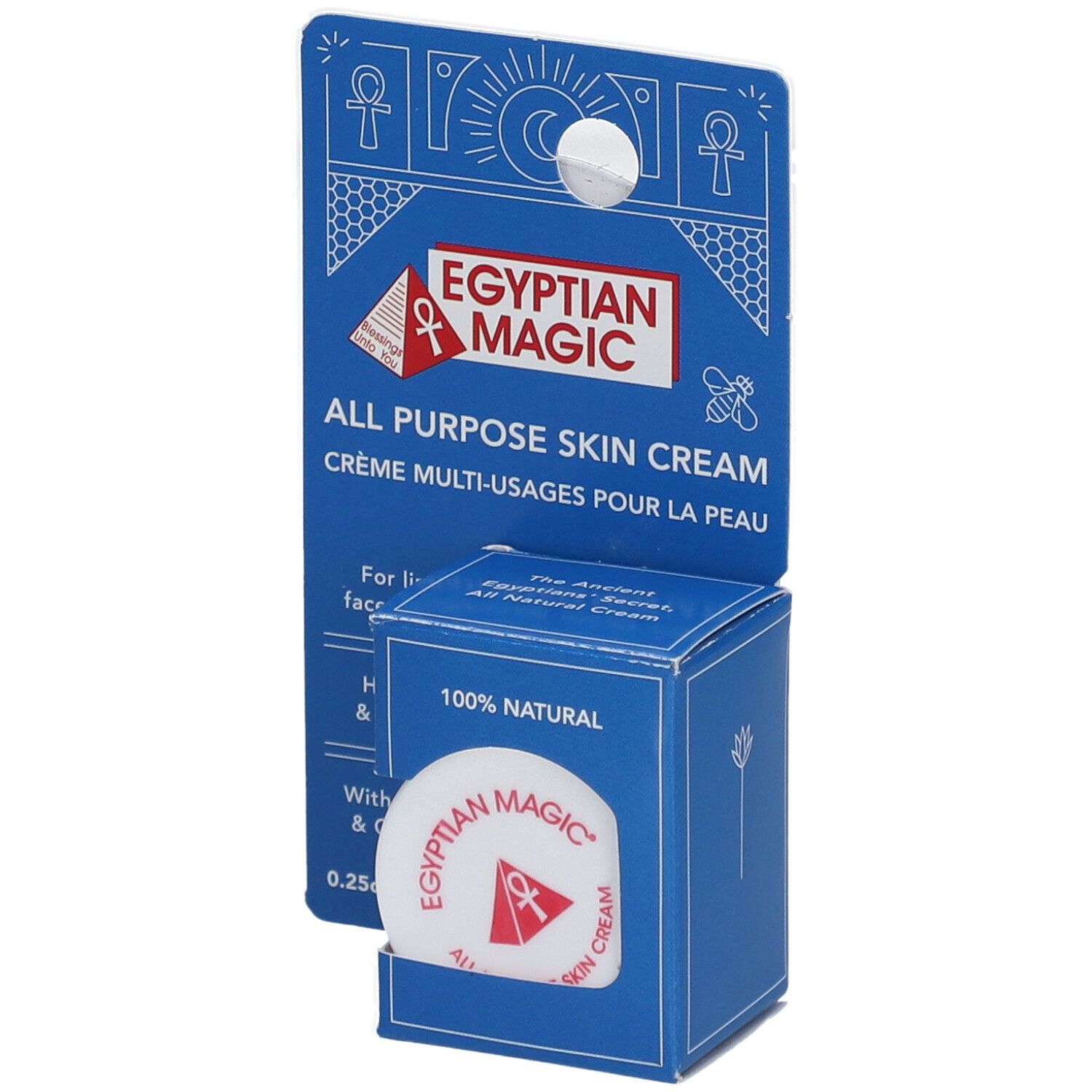 Blaues Karton-Display mit Creme. Aufschrift: Egyptian Magic, All Purpose Skin Cream. Runde Creme-Dose mit rotem Logo.