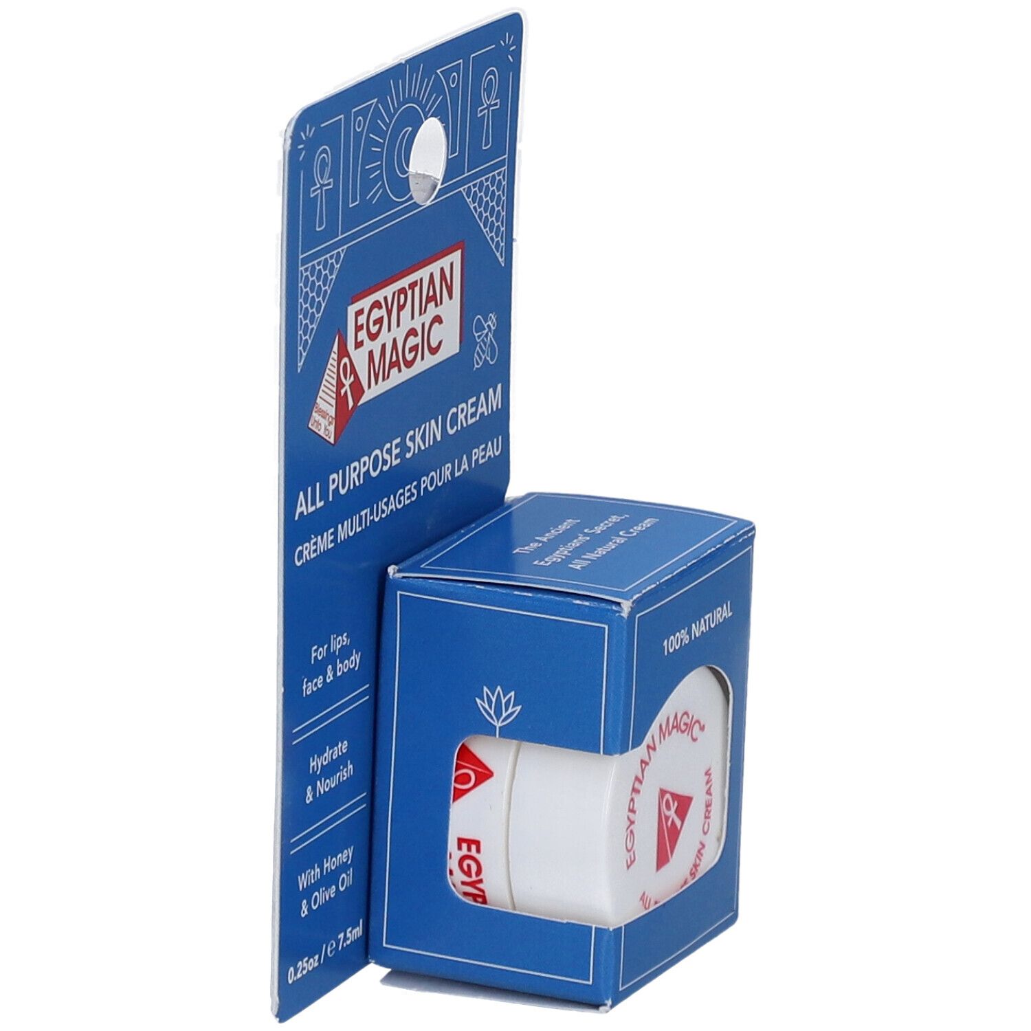 Blaues Karton-Display mit Creme. Aufschrift: Egyptian Magic, All Purpose Skin Cream. Runde Creme-Dose mit rotem Logo.
