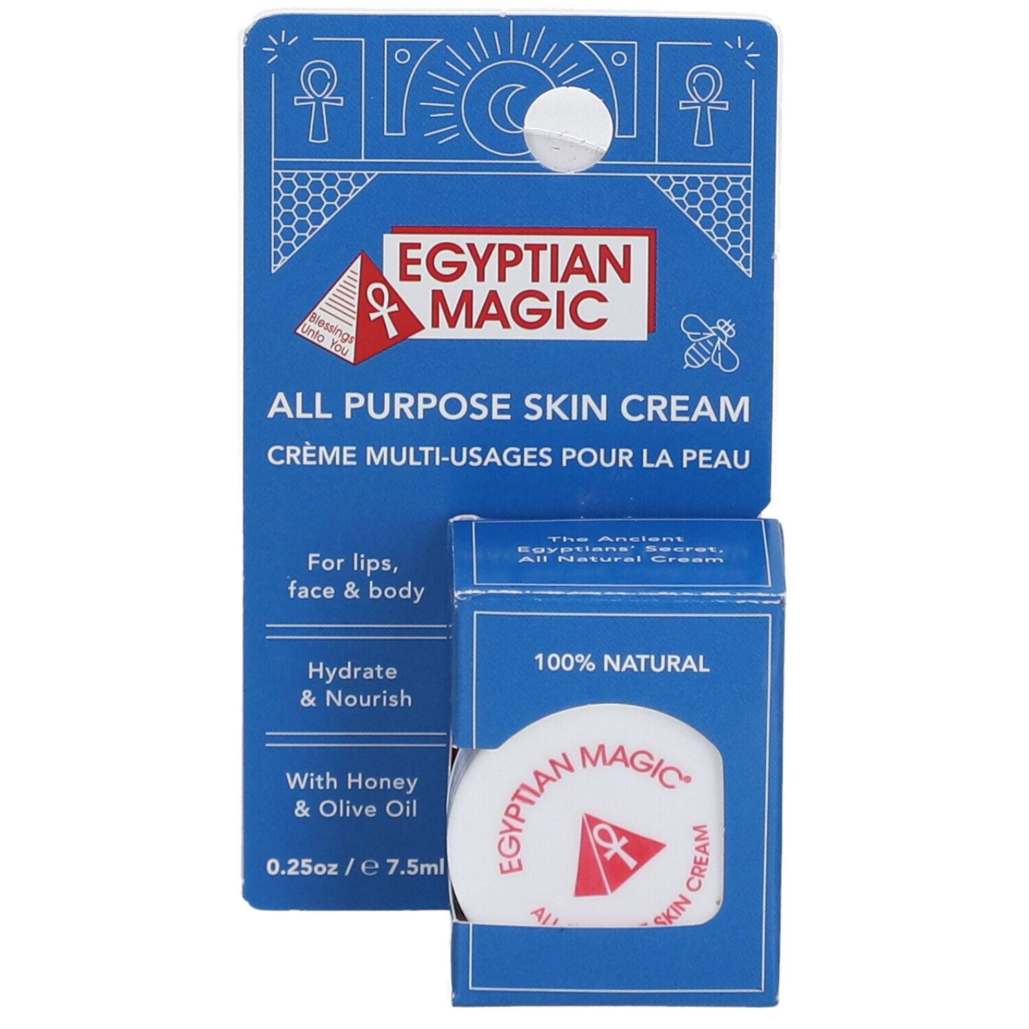 Blaues Karton-Display mit Creme. Aufschrift: Egyptian Magic, All Purpose Skin Cream. Runde Creme-Dose mit rotem Logo.