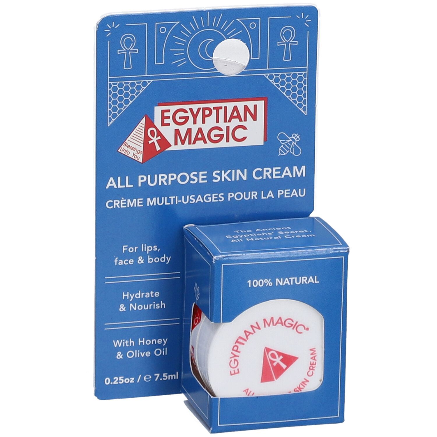 Blaues Karton-Display mit Creme. Aufschrift: Egyptian Magic, All Purpose Skin Cream. Runde Creme-Dose mit rotem Logo.