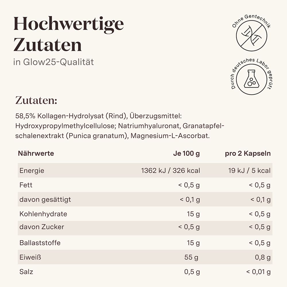 Braune Glasflasche mit Etikett, das Inhaltsstoffe wie Kollagenhydrolysat und Hyaluronsäure auflistet.