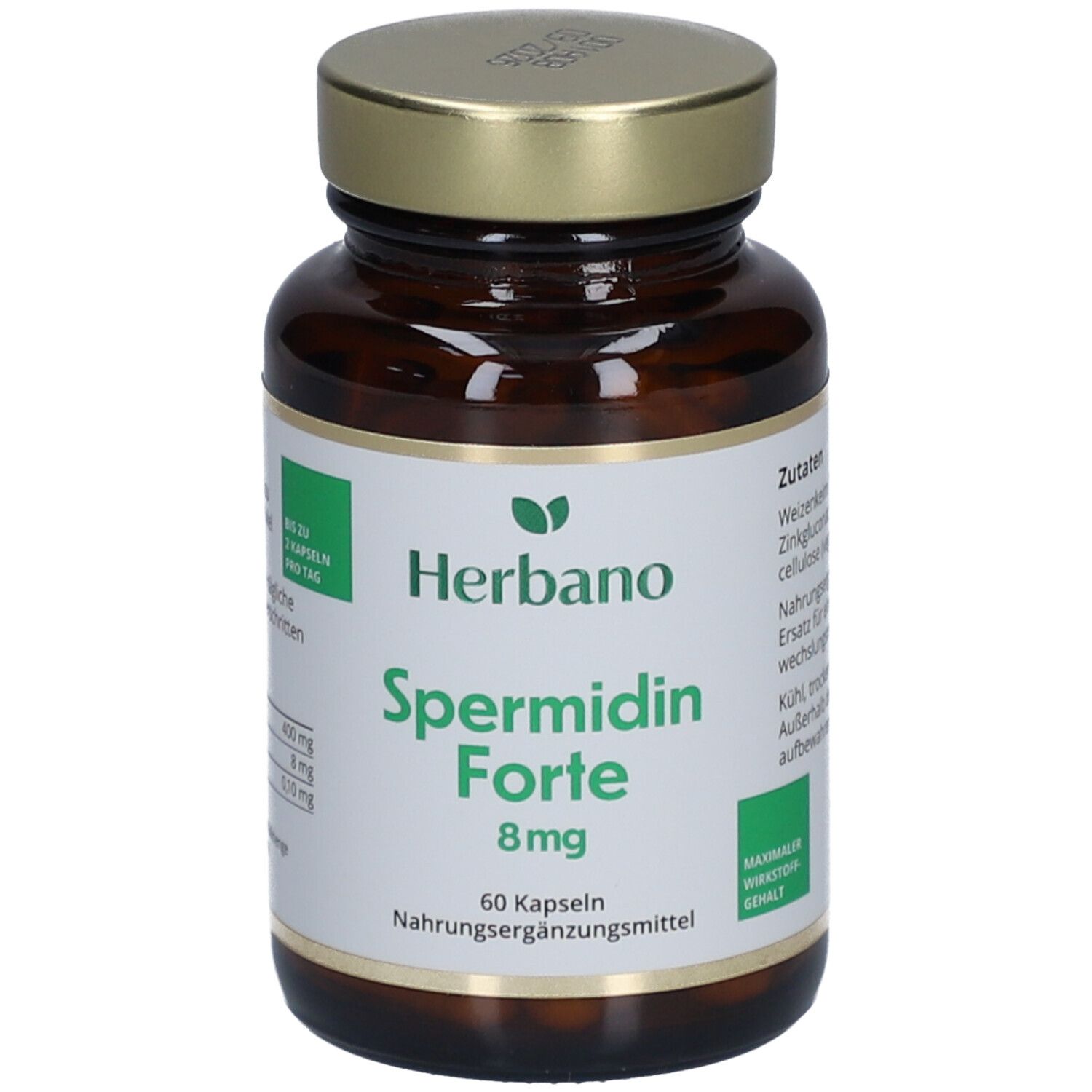 Flacon en verre brun avec couvercle doré. Étiquette "Herbano Spermidin Forte 8mg". 60 gélules. Complément alimentaire.