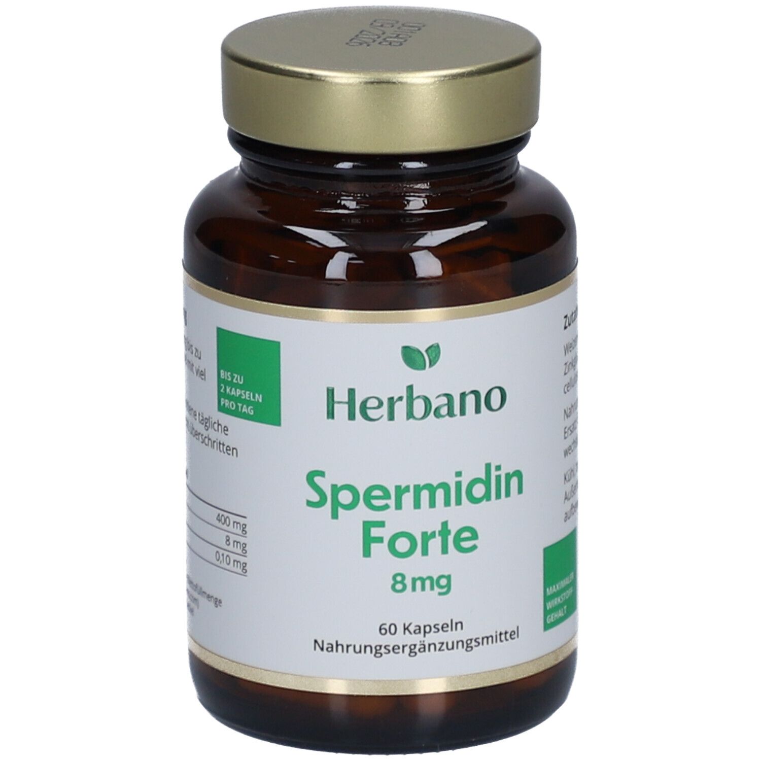Flacon en verre brun avec couvercle doré. Étiquette "Herbano Spermidin Forte 8mg". 60 gélules. Complément alimentaire.