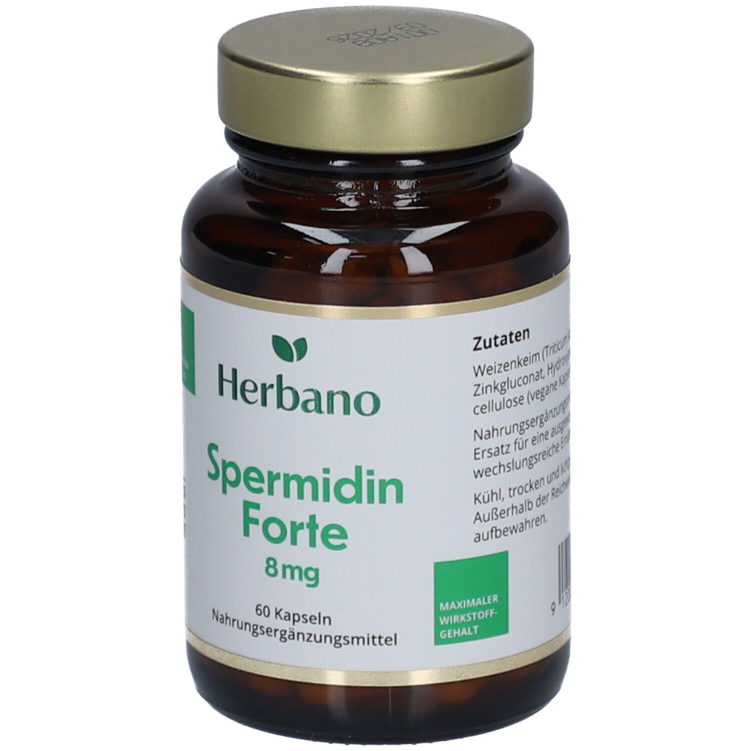 Flacon en verre brun avec couvercle doré. Étiquette "Herbano Spermidin Forte 8mg". 60 gélules. Complément alimentaire.