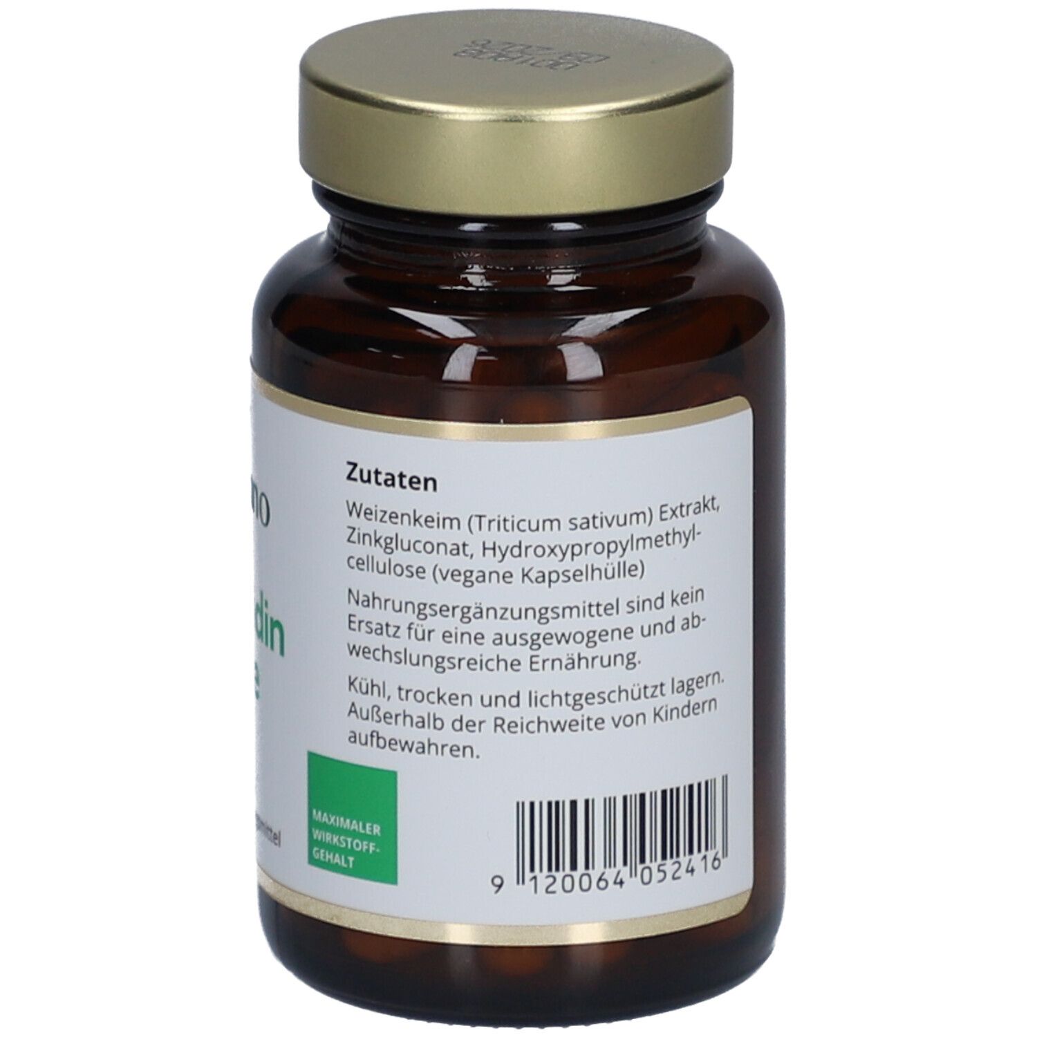 Vue arrière du flacon en verre brun. Étiquette avec liste des ingrédients et autres informations. "Herbano Spermidin Forte".