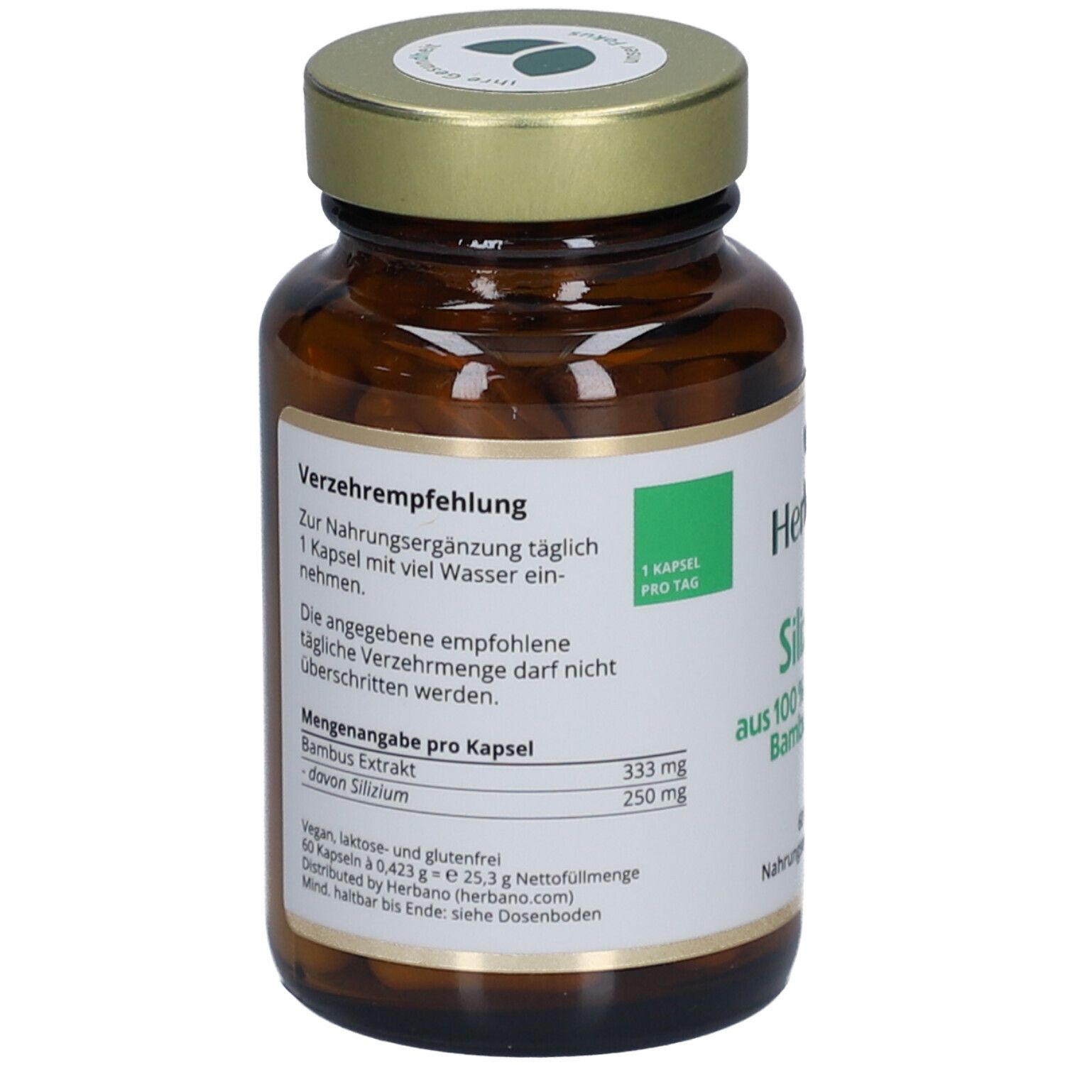 Rückseite der Flasche. Etikett mit Verzehrempfehlung, Mengenangaben pro Kapsel und weiteren Informationen. Vegan, laktose- und glutenfrei.