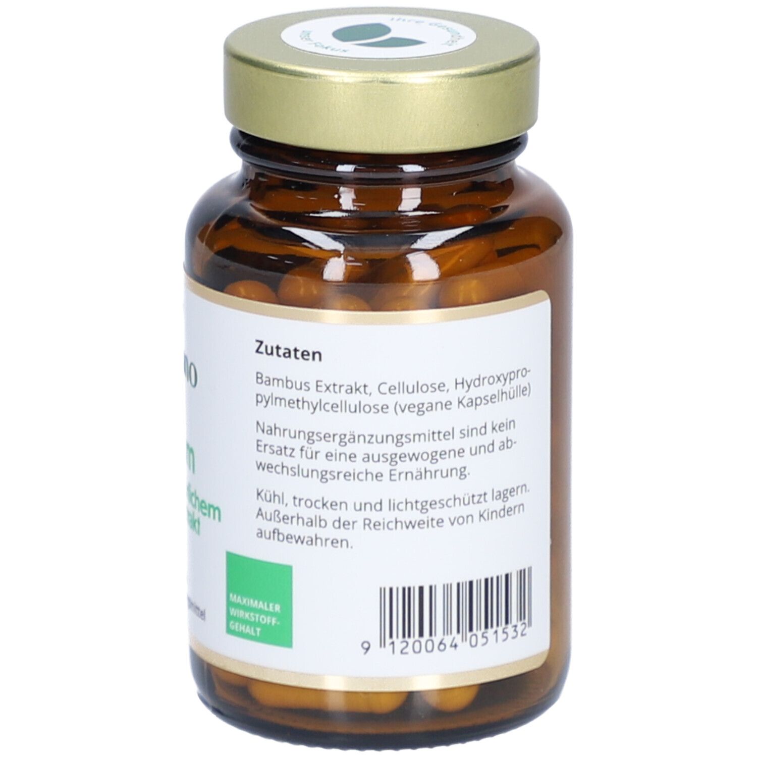 Rückseite der Flasche. Etikett mit Zutaten, Lagerhinweisen und weiteren Informationen. Vegan, laktose- und glutenfrei.
