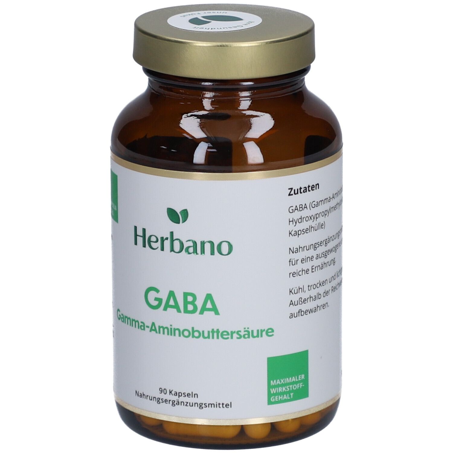 Braune Glasflasche mit goldfarbenem Deckel. Etikett mit "Herbano GABA" und "90 Kapseln".