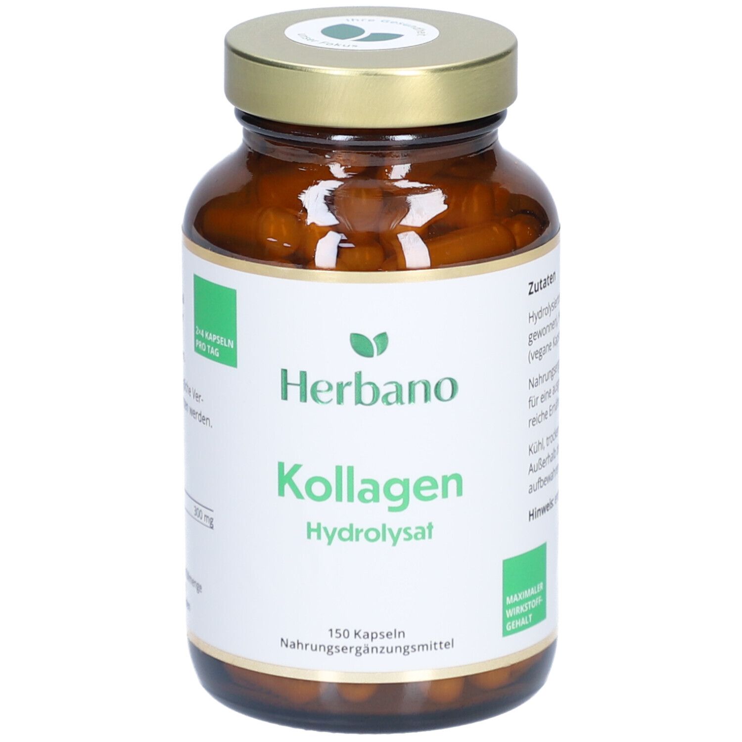 Braune Glasflasche mit goldenem Deckel. Etikett mit "Herbano Kollagen Hydrolysat". 150 Kapseln. Nahrungsergänzungsmittel.