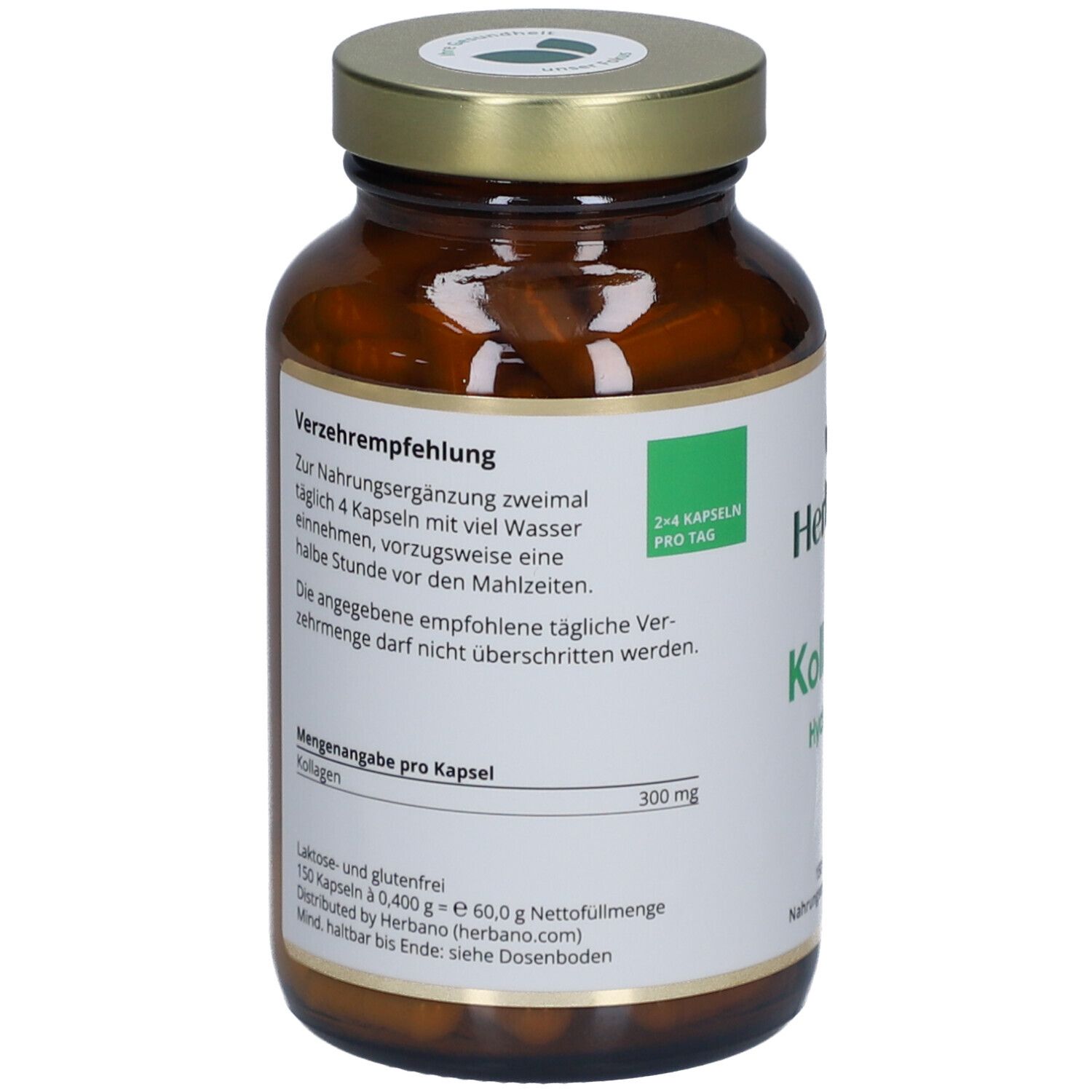 Braune Glasflasche mit goldenem Deckel. Etikett mit Informationen zu "Herbano Kollagen Hydrolysat". 150 Kapseln. Nahrungsergänzungsmittel.