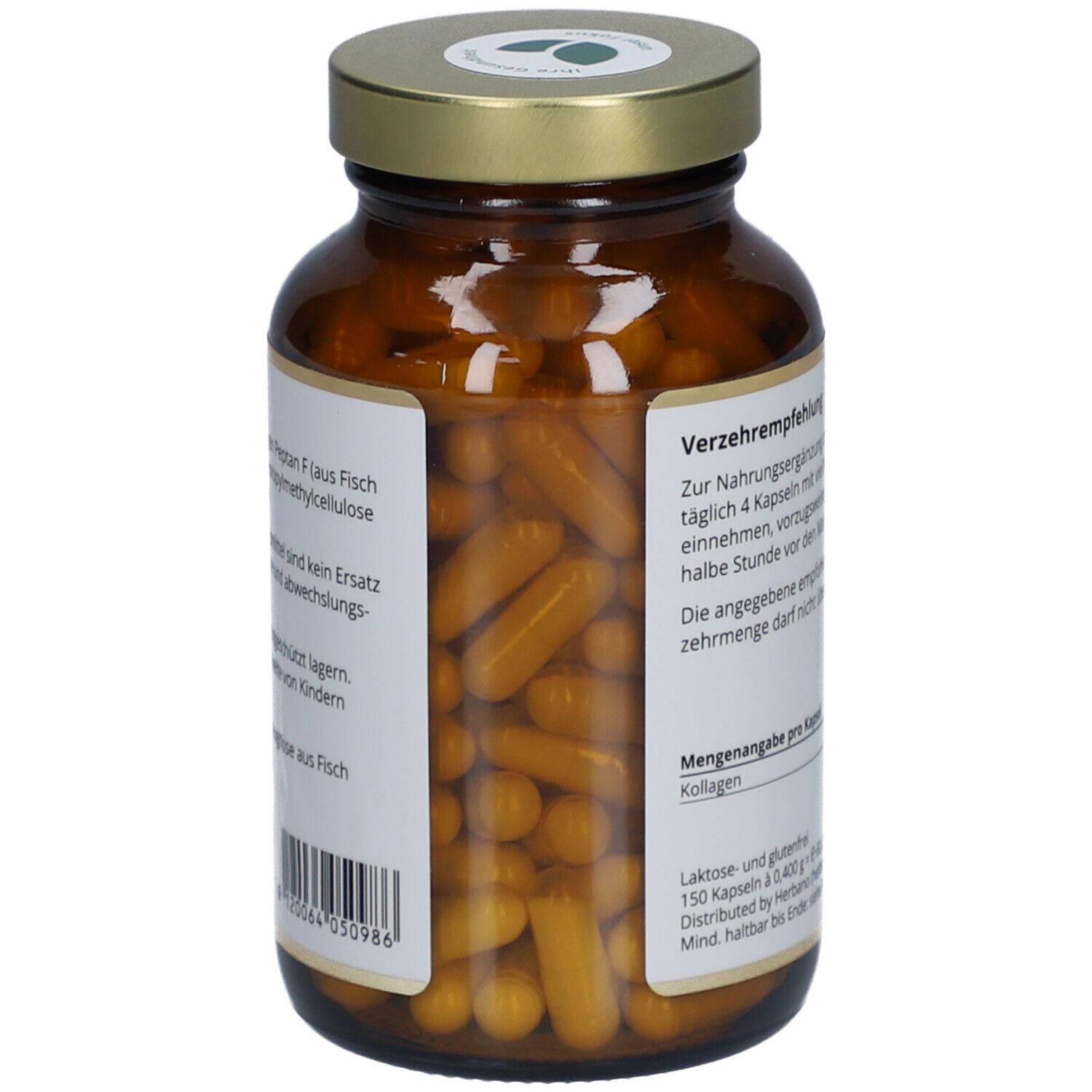 Braune Glasflasche mit goldenem Deckel. Kapseln sichtbar. Etikett mit Informationen zu "Herbano Kollagen Hydrolysat". 150 Kapseln.