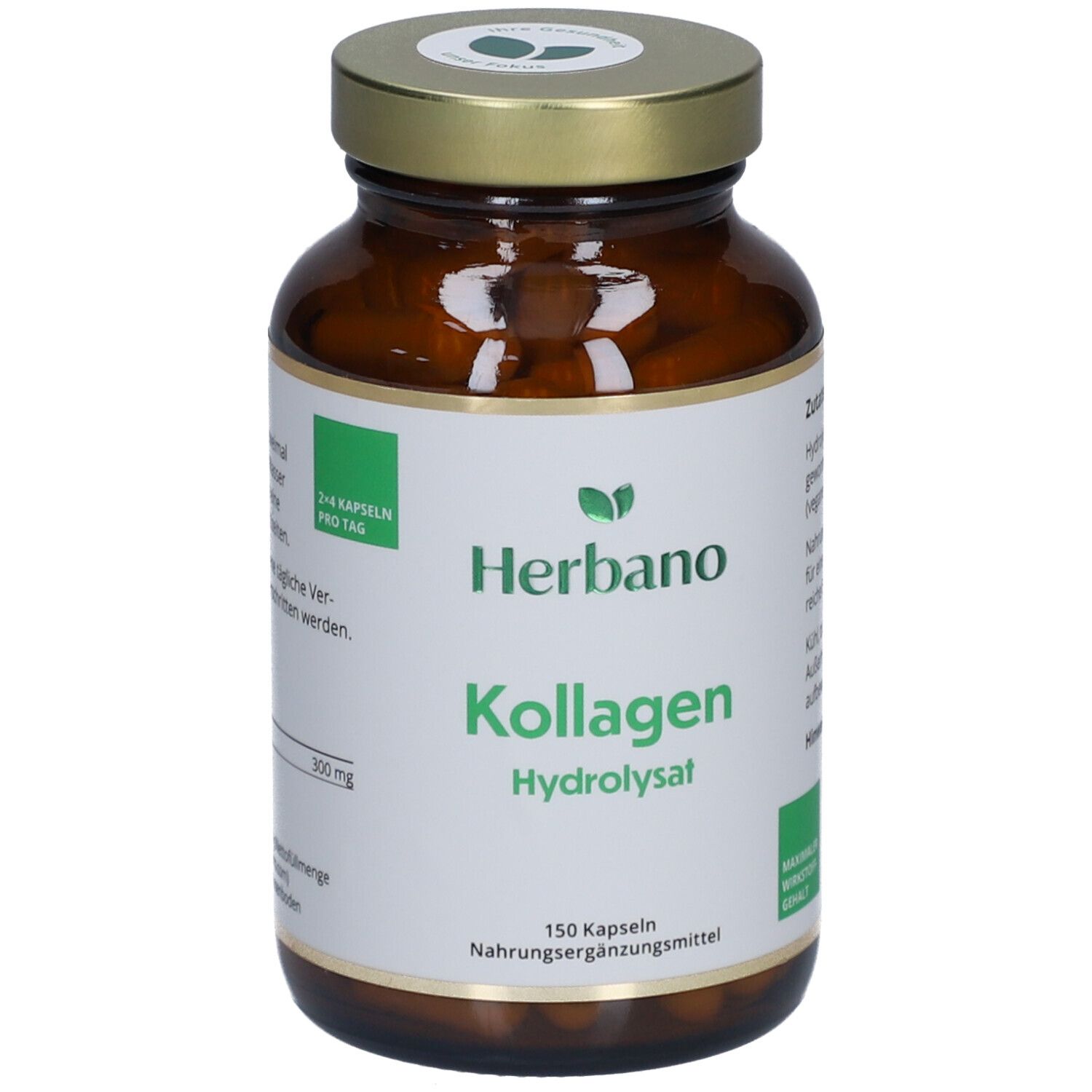 Braune Glasflasche mit goldenem Deckel. Etikett mit "Herbano Kollagen Hydrolysat". 150 Kapseln. Nahrungsergänzungsmittel. 3 Kapseln pro Tag.