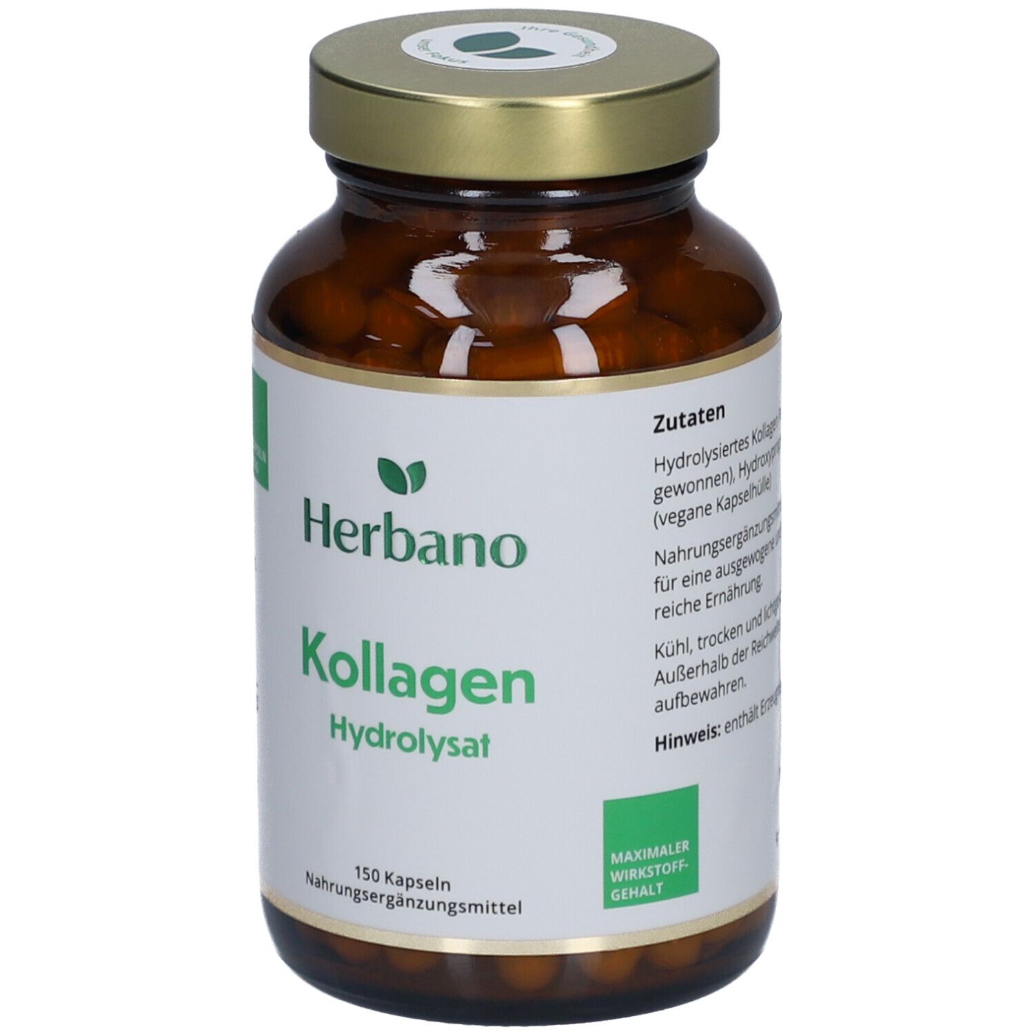 Braune Glasflasche mit goldenem Deckel. Etikett mit "Herbano Kollagen Hydrolysat". 150 Kapseln. Nahrungsergänzungsmittel. Maximaler Wirkstoffgehalt.