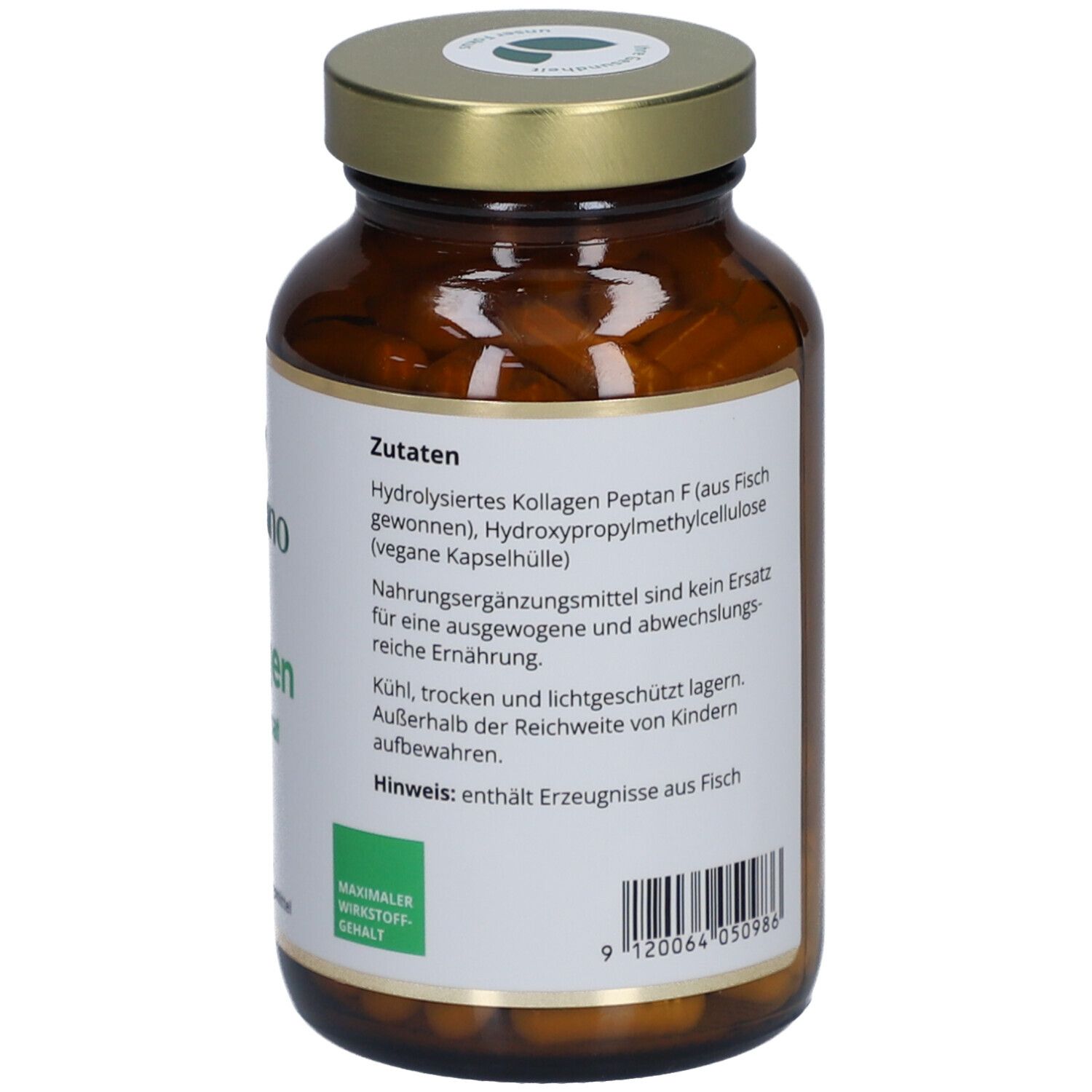 Braune Glasflasche mit goldenem Deckel. Etikett mit Inhaltsstoffen: Kollagen Peptan F aus Fisch. 150 Kapseln. Nahrungsergänzungsmittel.